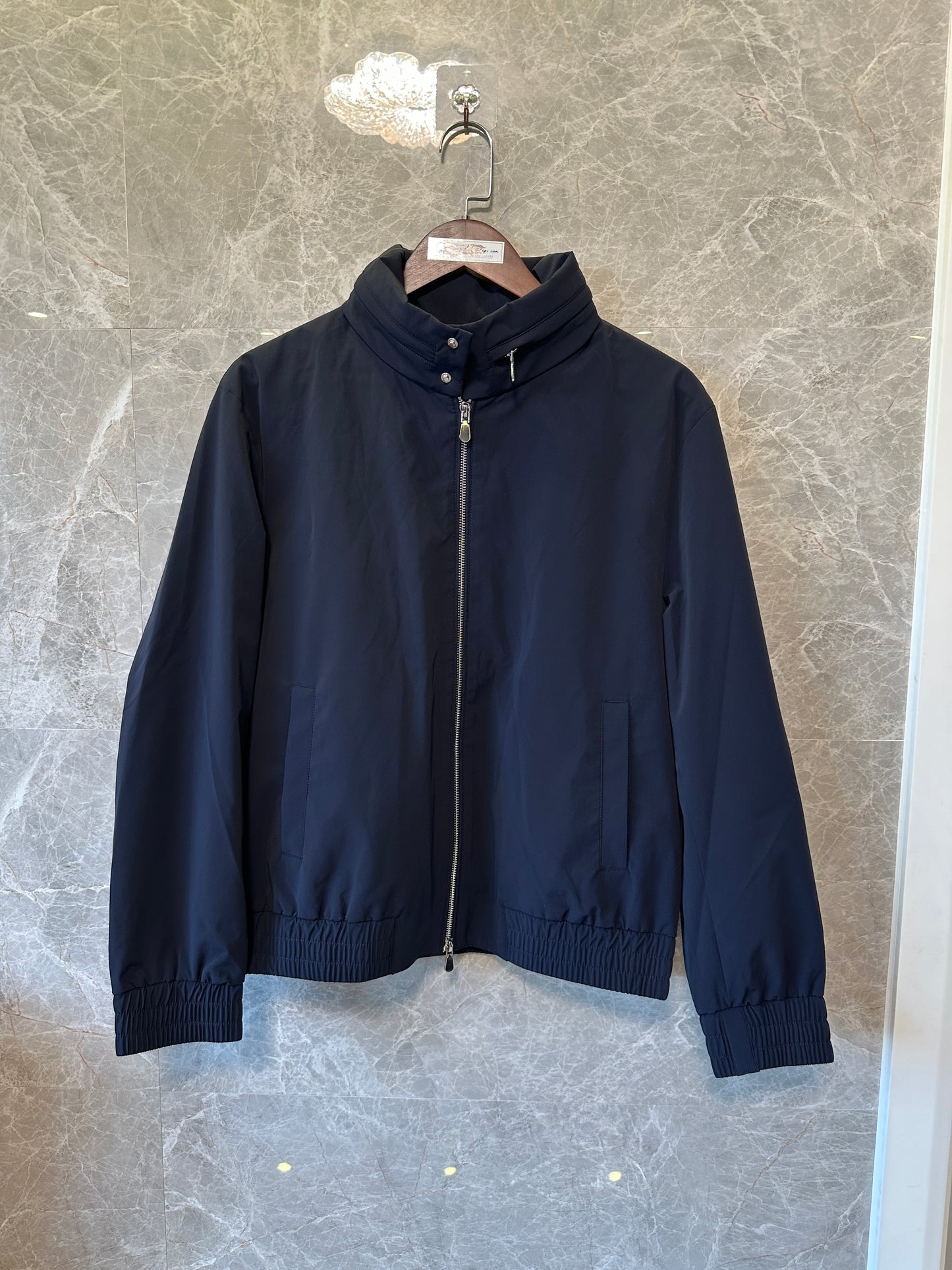 Brunello Cucinelli Men’s Navy Blue Lightweight Bomber Jacket with High Collar