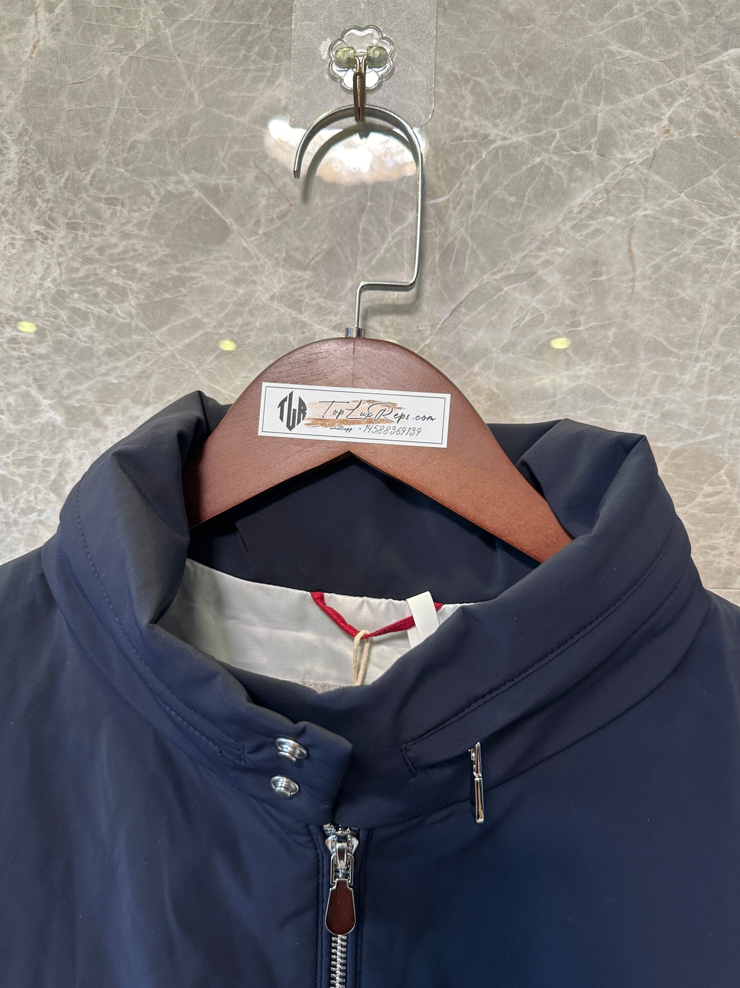 Brunello Cucinelli Men’s Navy Blue Lightweight Bomber Jacket with High Collar