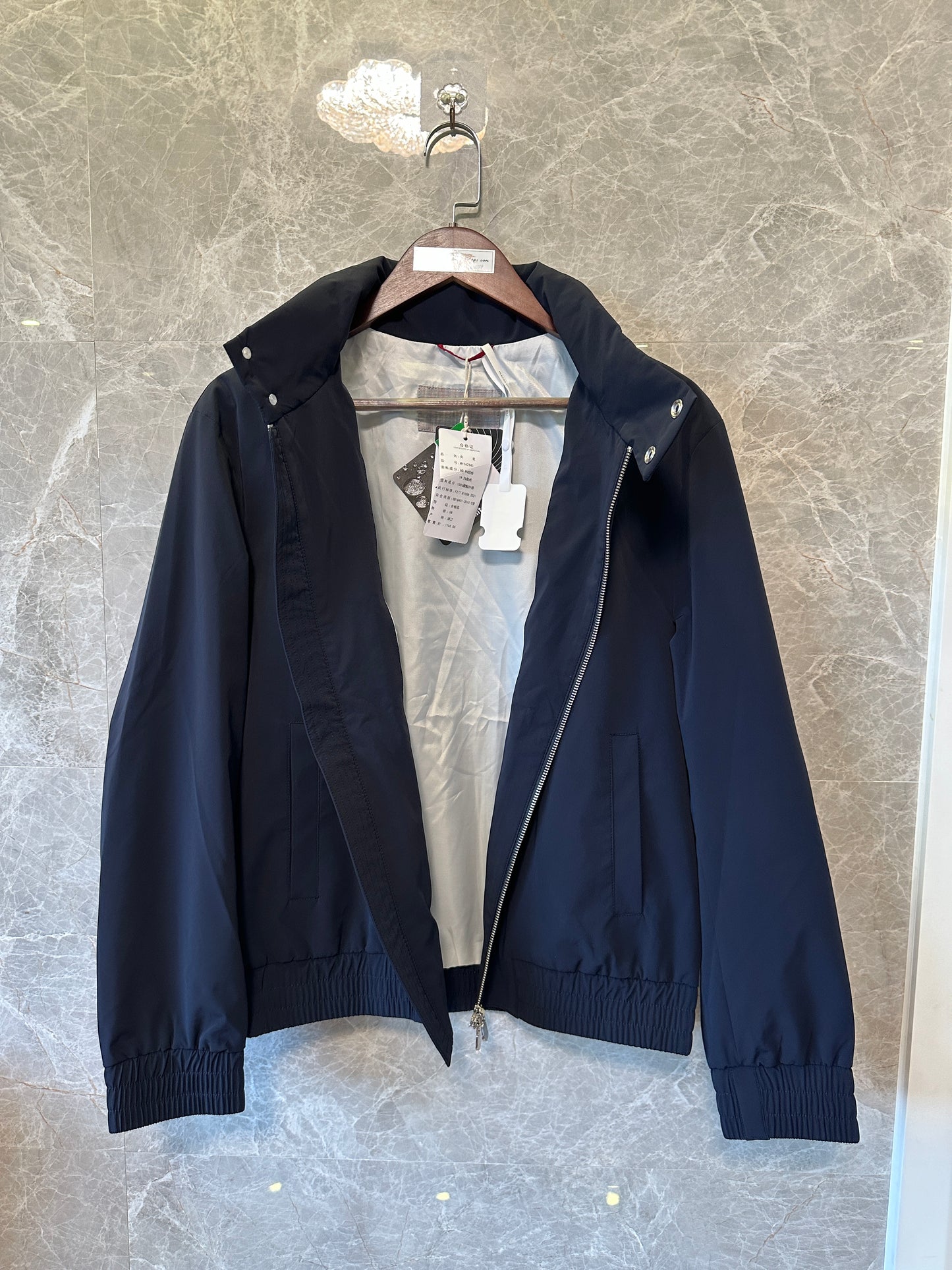Brunello Cucinelli Men’s Navy Blue Lightweight Bomber Jacket with High Collar
