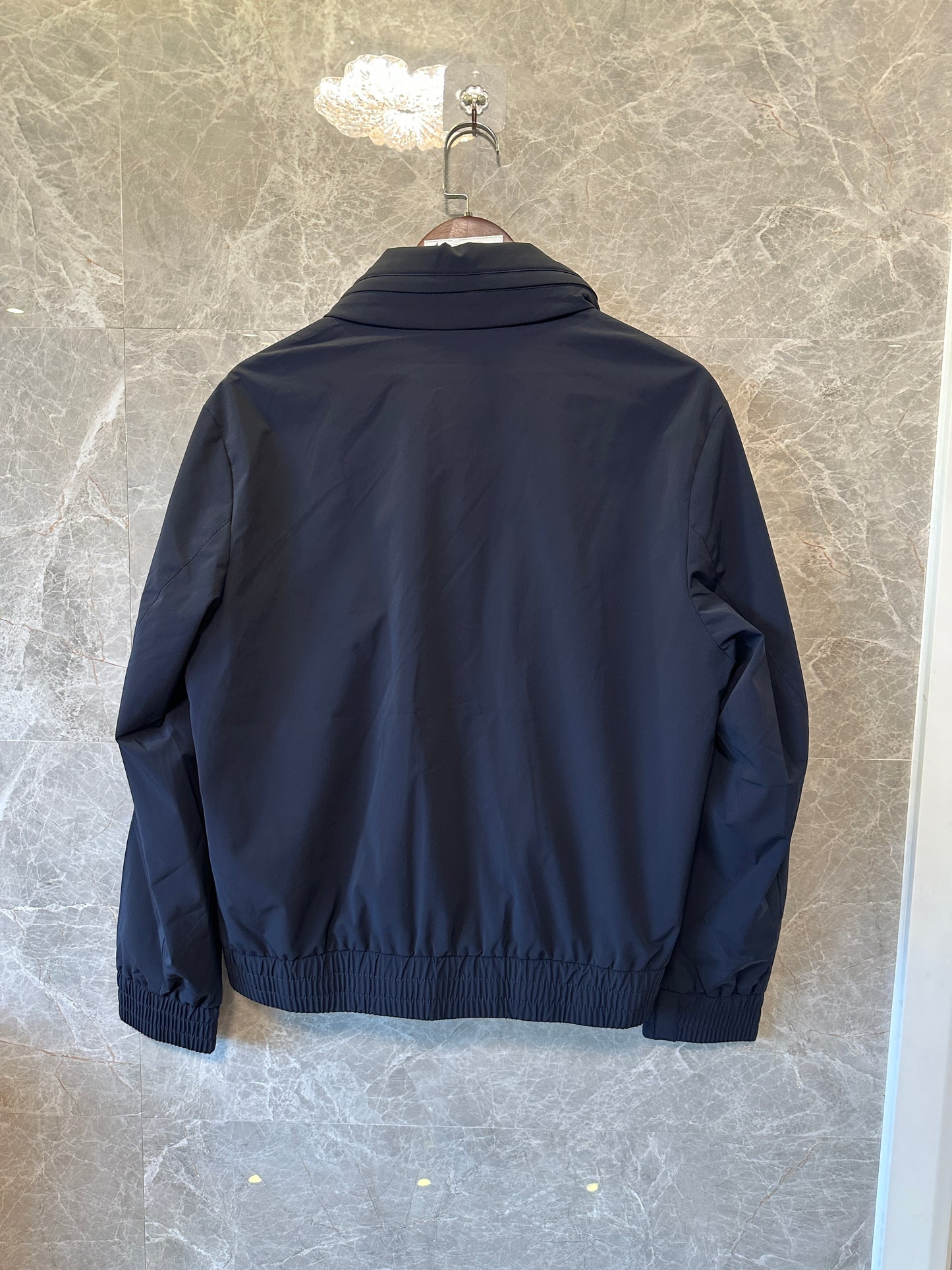 Brunello Cucinelli Men’s Navy Blue Lightweight Bomber Jacket with High Collar