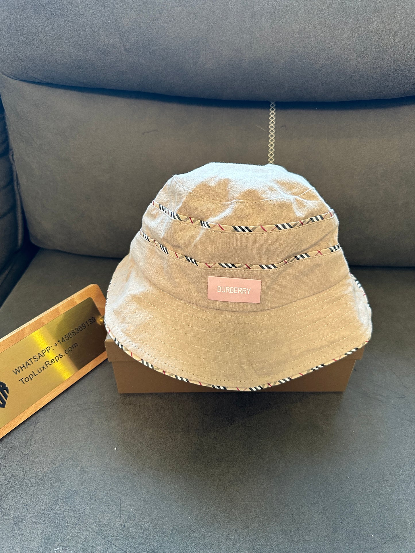 Burberry Beige Cotton Bucket Hat with Pink Logo Patch