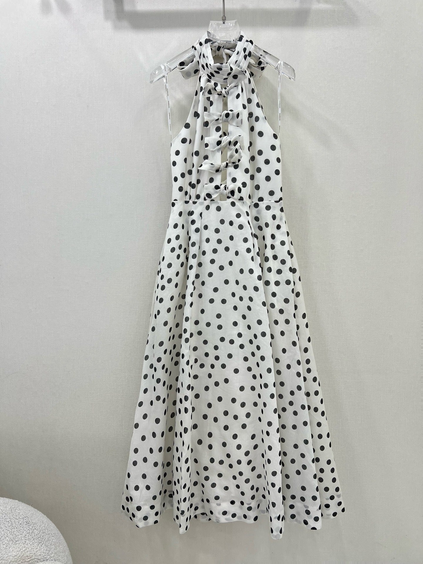 Zimmermann 2025 Polka Dot Halter Linen Midi Dress with Bow Detail