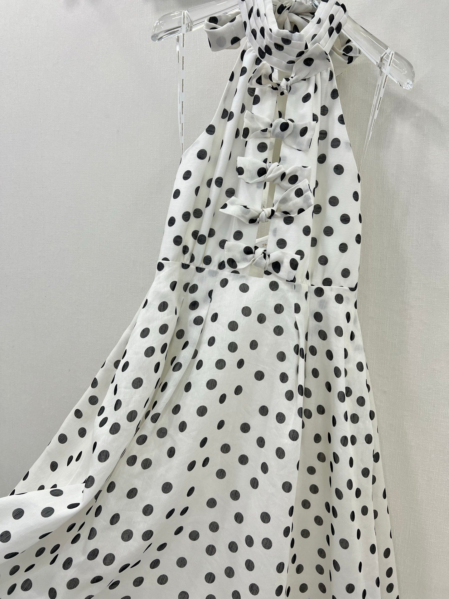Zimmermann 2025 Polka Dot Halter Linen Midi Dress with Bow Detail