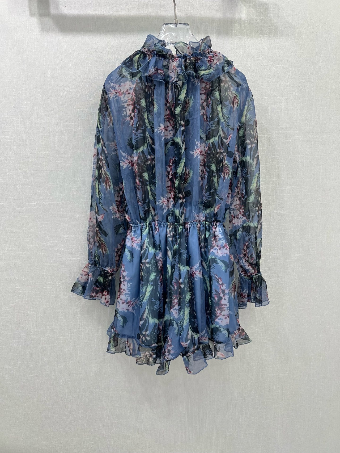 Robe courte à volants et fleurs bleues Zimmermann, col noué et manches lanternes
