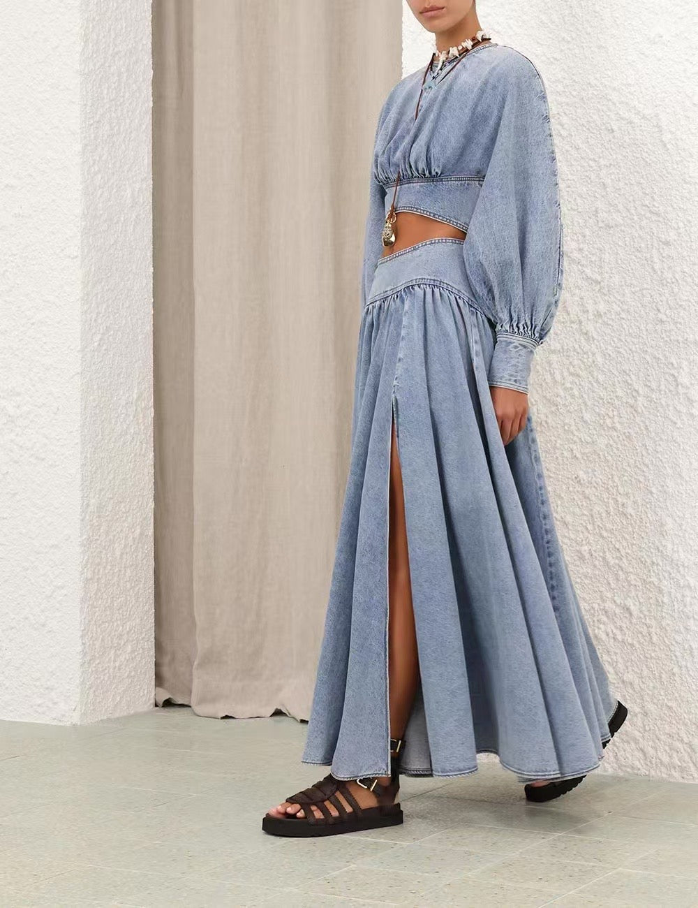 Ensemble haut court en denim de coton et jupe midi fendue Zimmermann
