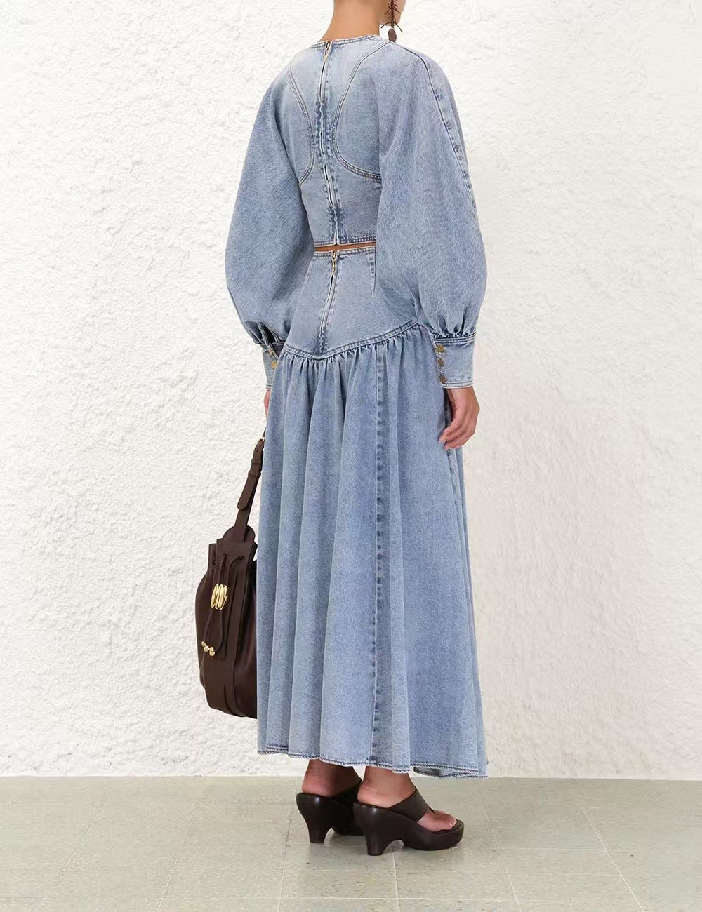 Ensemble haut court en denim de coton et jupe midi fendue Zimmermann
