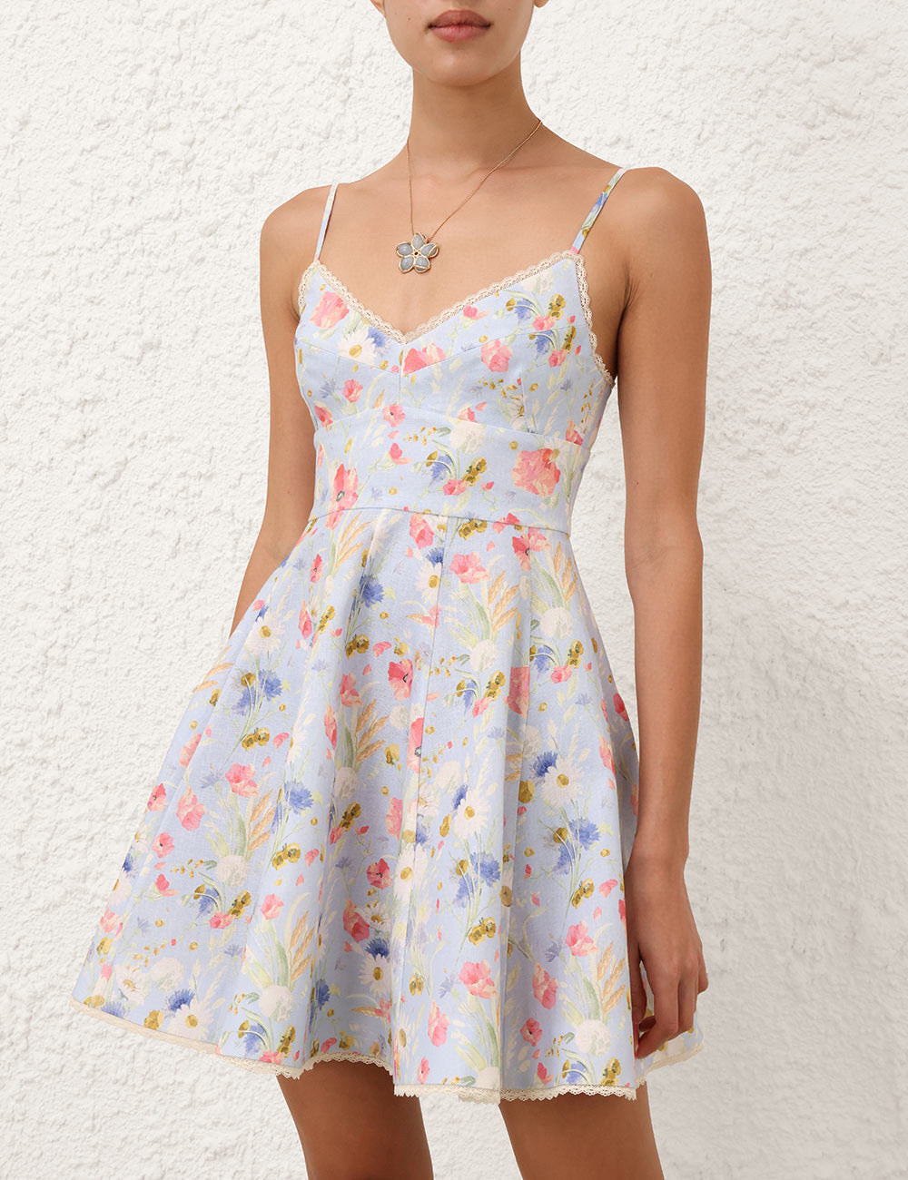 Mini-robe en lin fleuri à bordures en dentelle Zimmermann