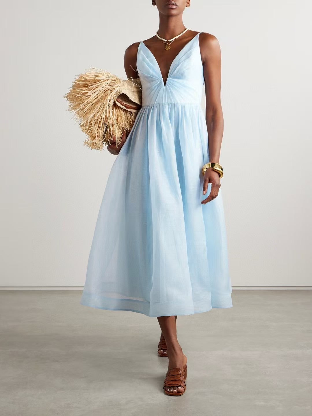 Robe midi Zimmermann en mélange de lin et de soie avec décolleté plongeant