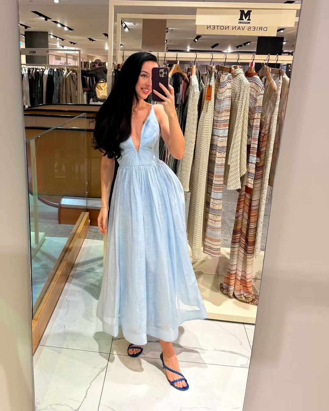 Robe midi Zimmermann en mélange de lin et de soie avec décolleté plongeant