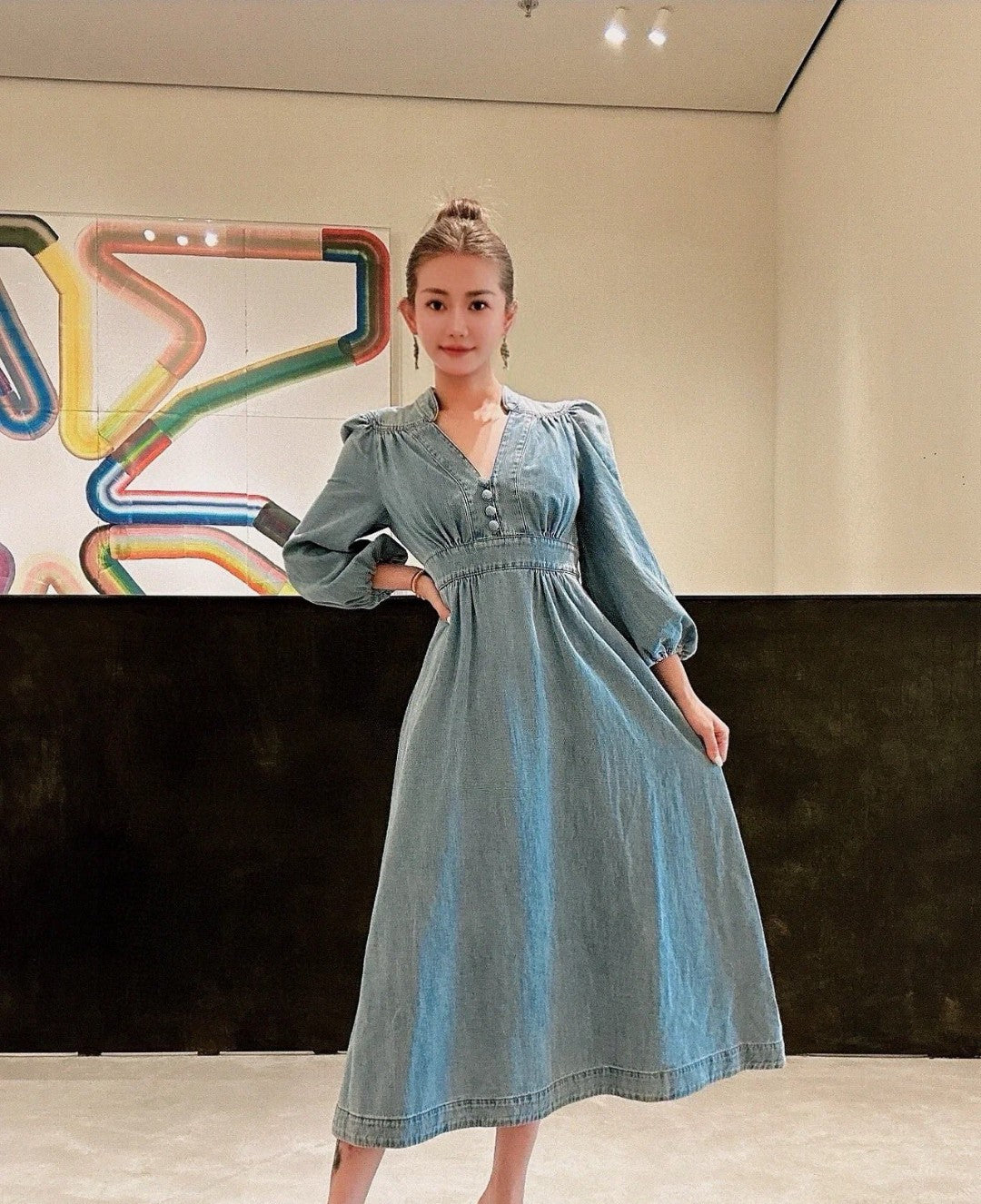 Zimmermann Vintage Wash Denim V-Neck Midi Dress