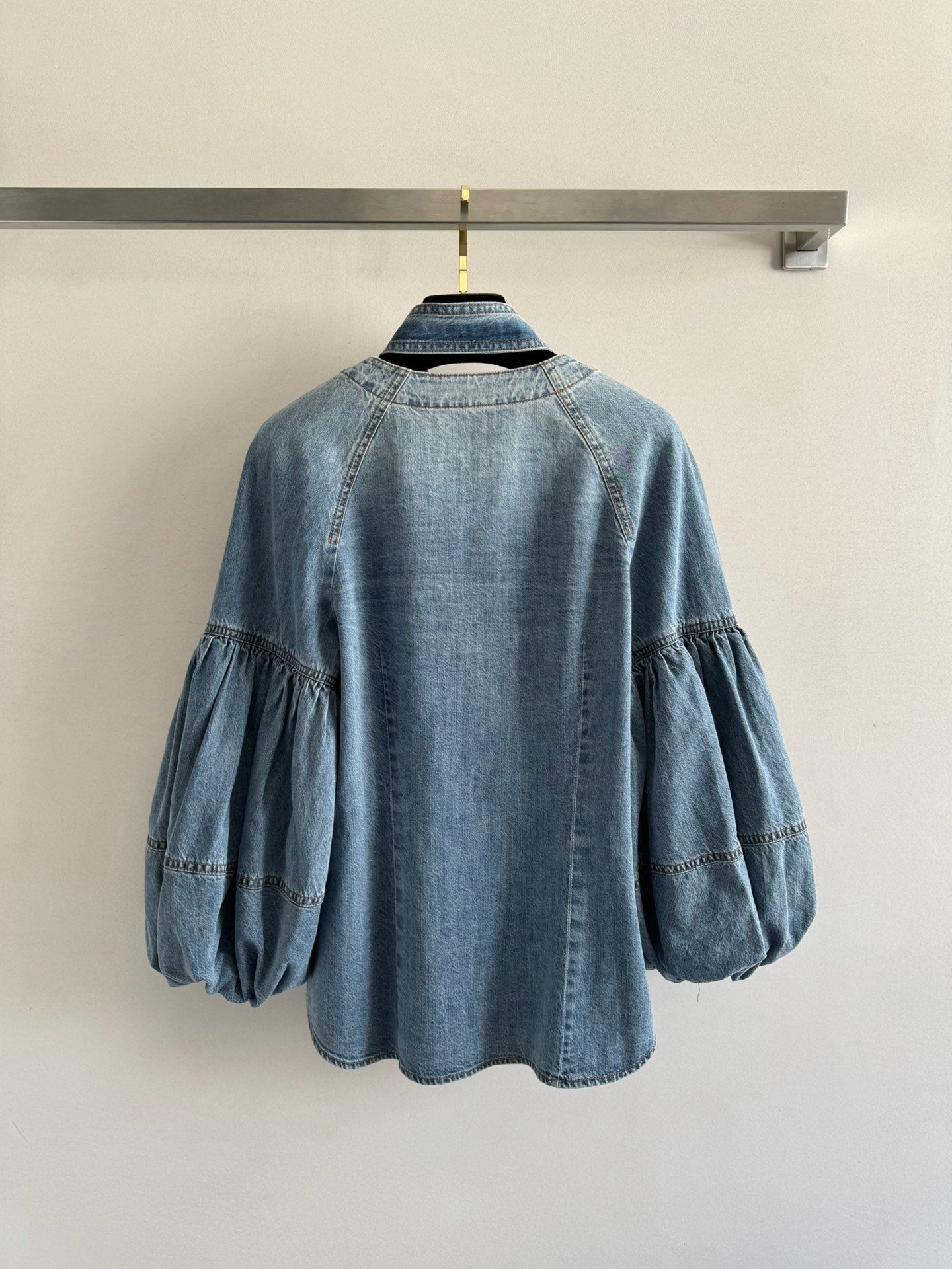 Zimmermann Bow-Tie Neckline Puff Sleeve Denim Blouse