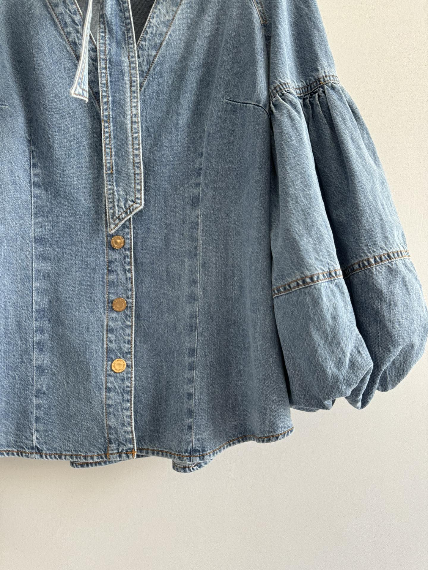 Zimmermann Bow-Tie Neckline Puff Sleeve Denim Blouse
