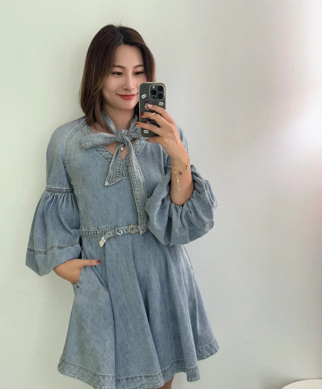 Zimmermann Washed Denim Puff Sleeve Mini Dress