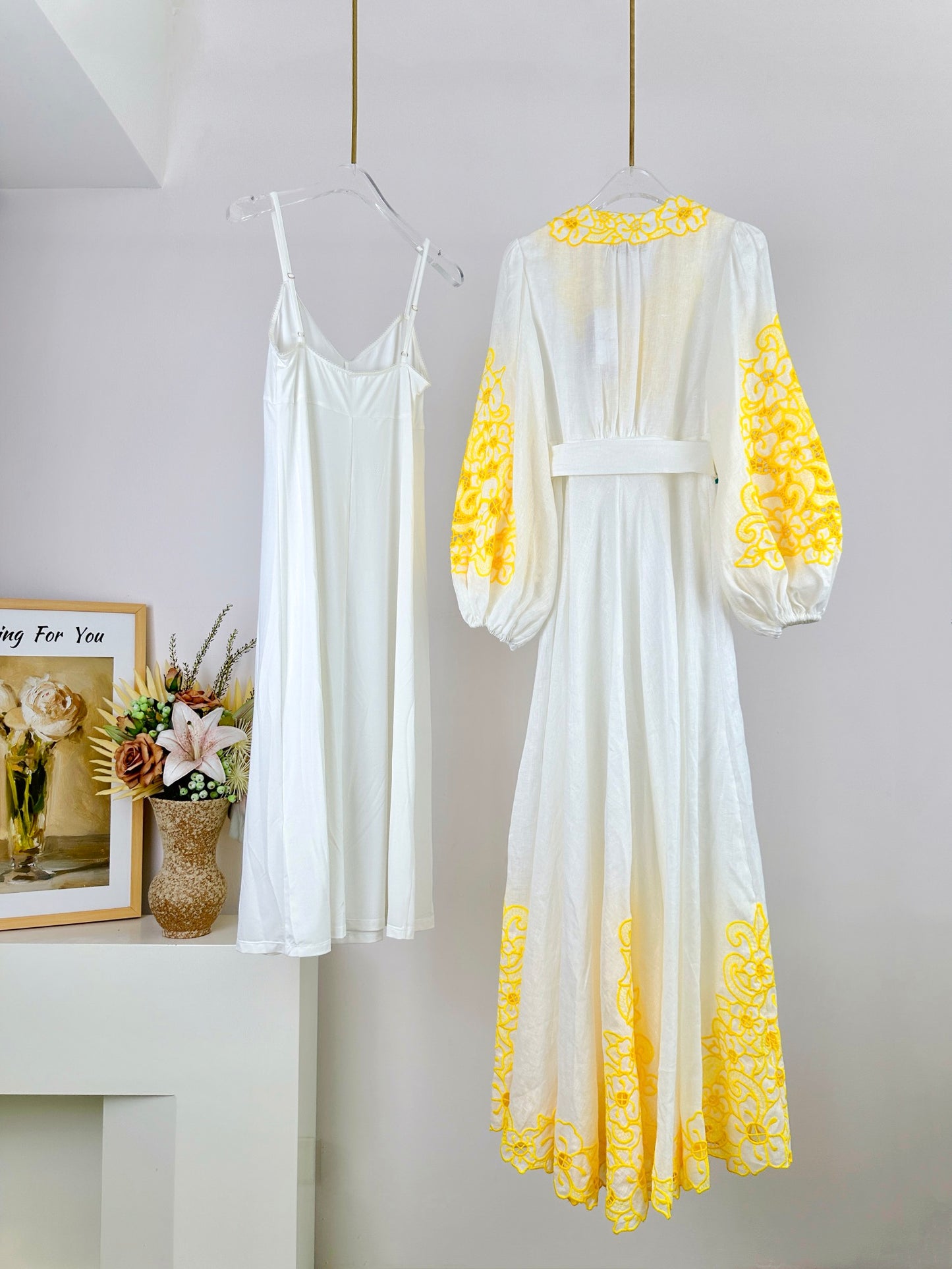 Zimmermann Golden Embroidered Linen Maxi Dress with Slip
