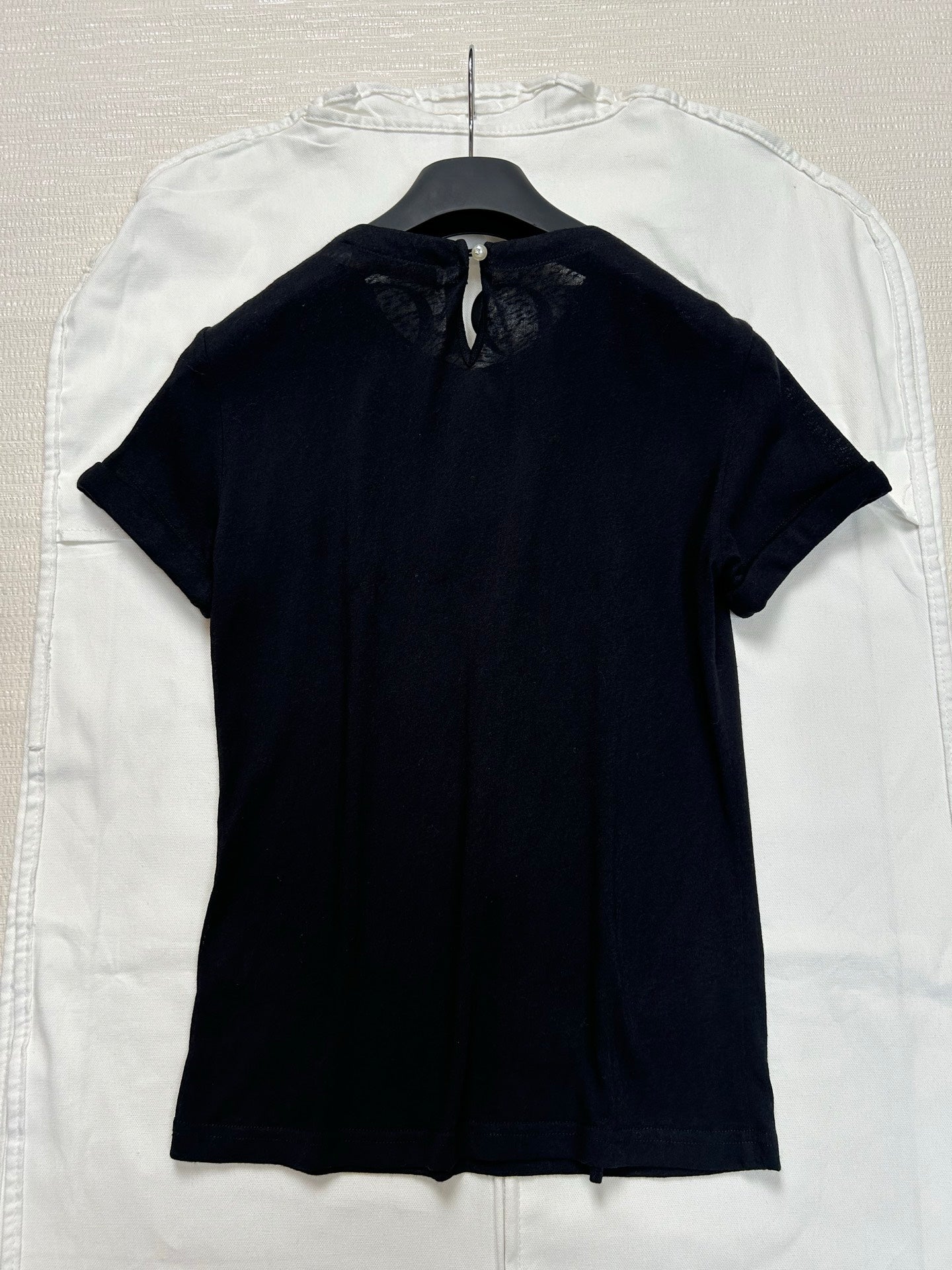 Zimmermann Black Linen T-Shirt with Hand-Embroidered Pearl Necklace Collar