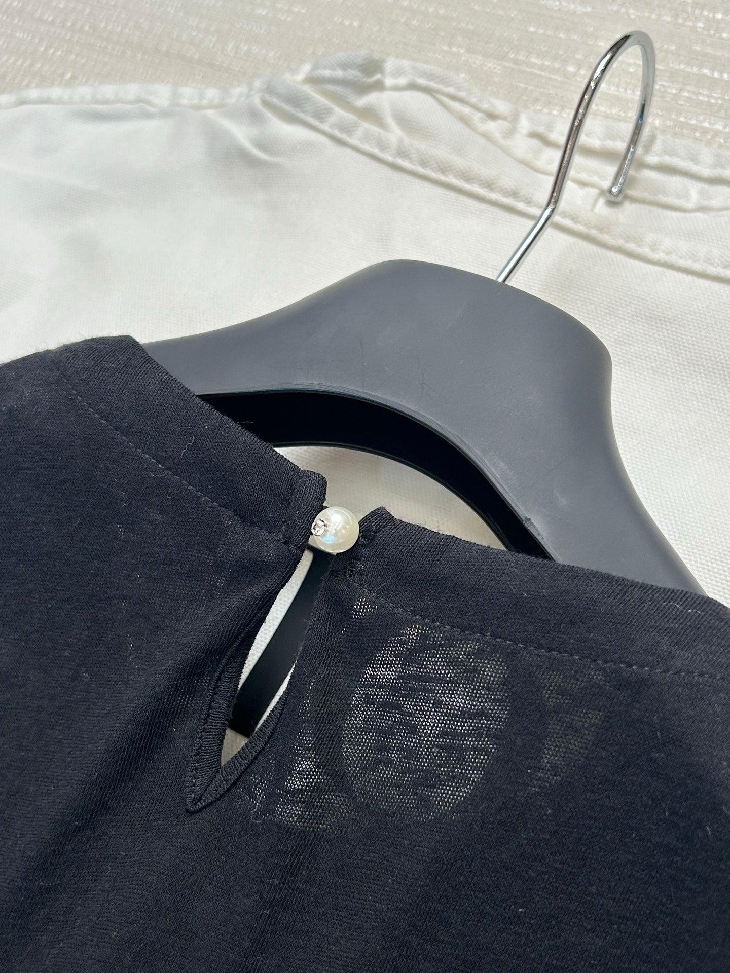 Zimmermann Black Linen T-Shirt with Hand-Embroidered Pearl Necklace Collar