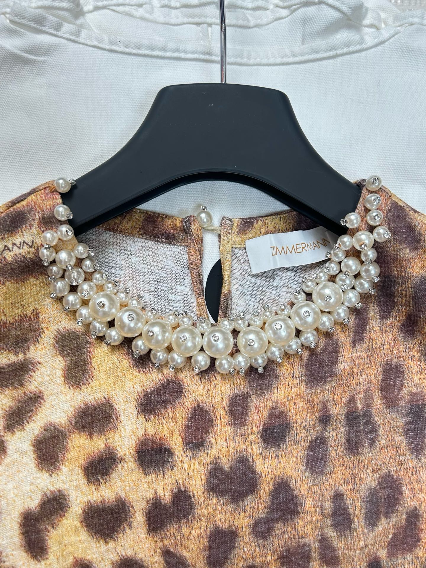 Zimmermann Leopard Print Linen T-Shirt with Pearl Embellished Collar