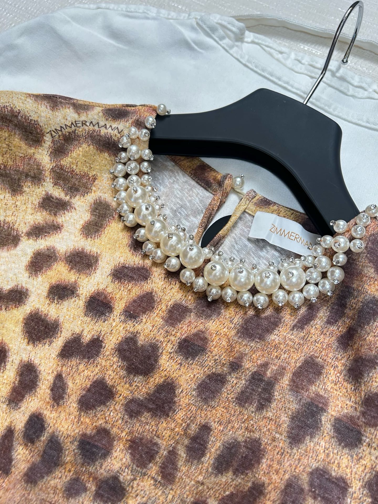 Zimmermann Leopard Print Linen T-Shirt with Pearl Embellished Collar