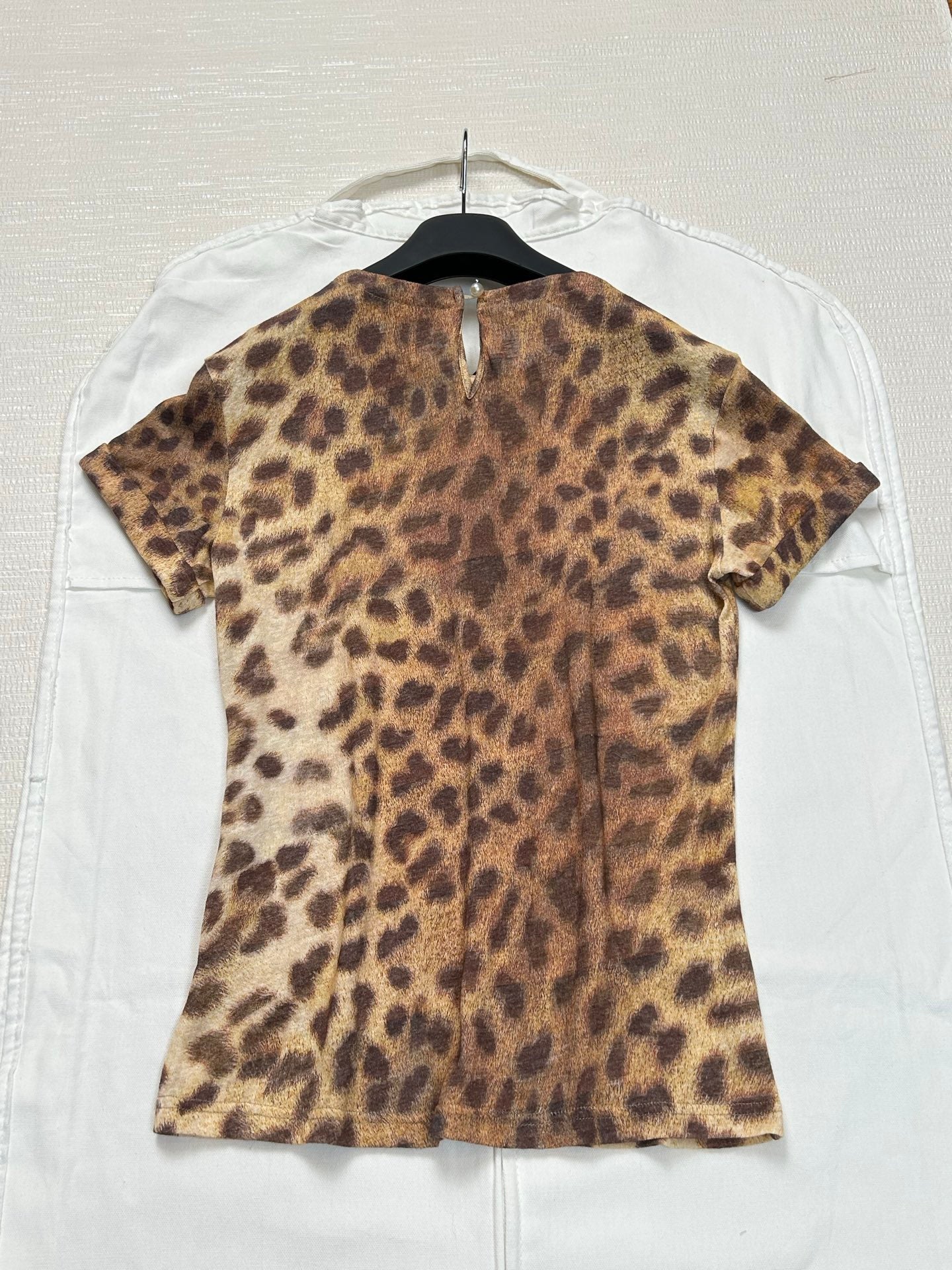 Zimmermann Leopard Print Linen T-Shirt with Pearl Embellished Collar