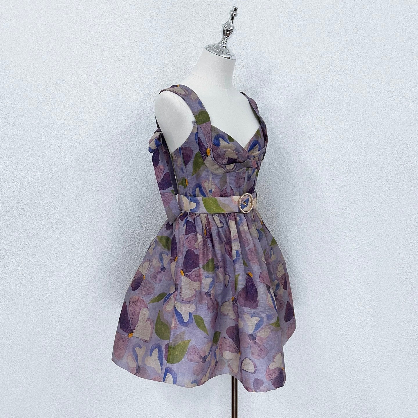 Zimmermann Purple Floral Belted Linen-Silk Mini Dress