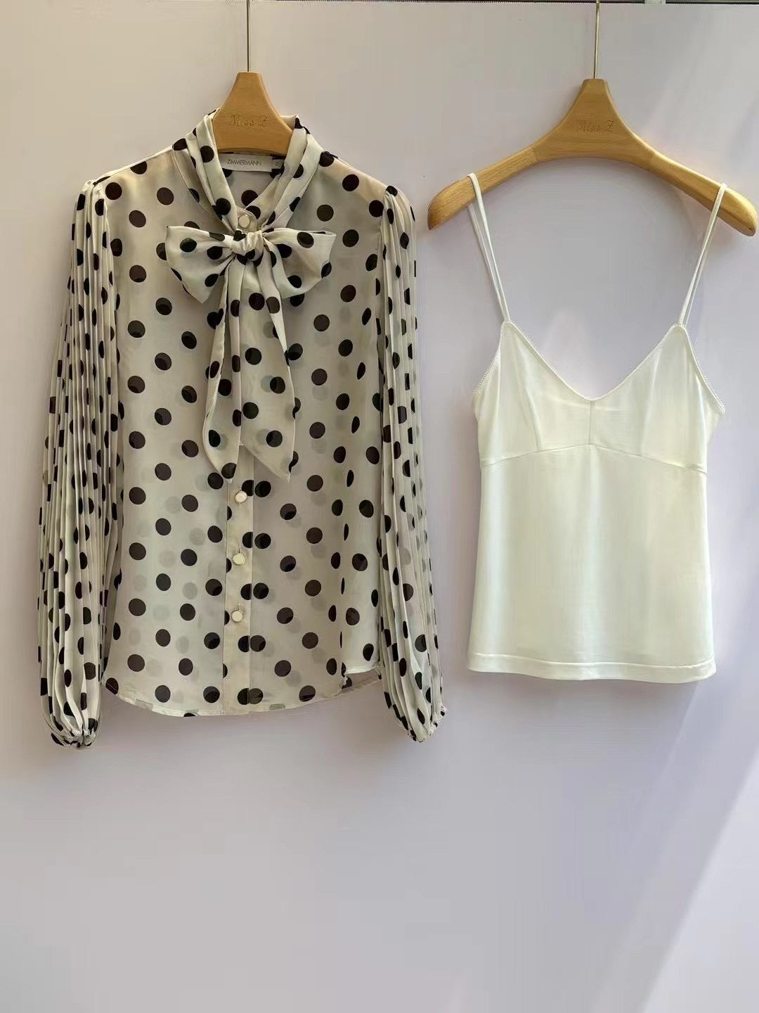 Zimmermann Cream Polka Dot Bow Blouse & Pleated Midi Skirt Set