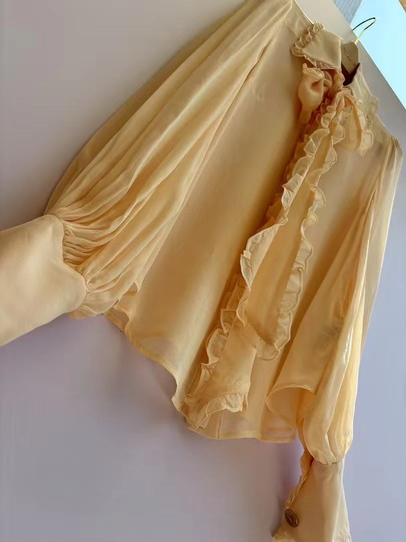 Zimmermann Sheer Lantern Sleeve Blouse with Detachable Ruffle Bow