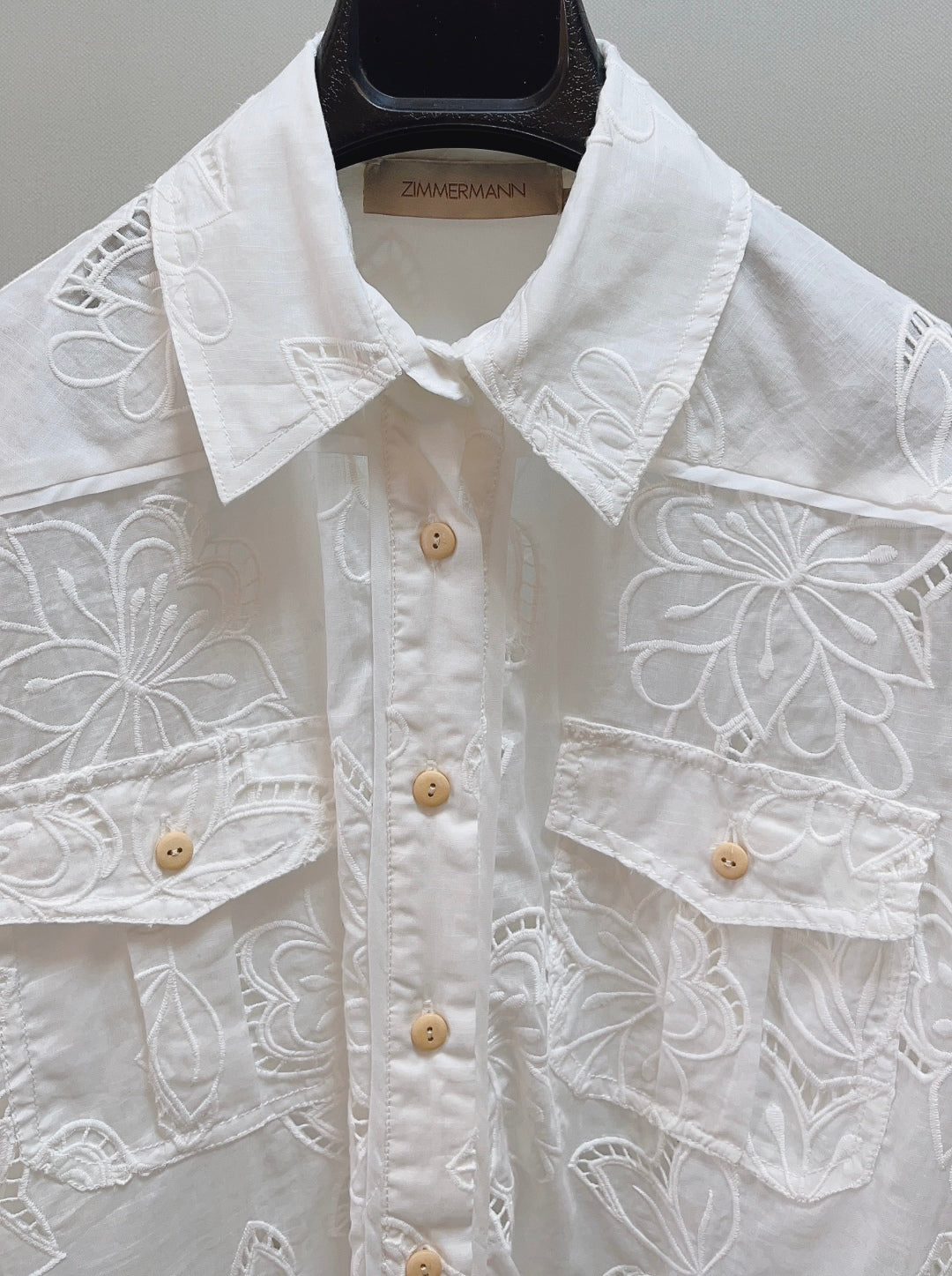 Zimmermann White Embroidered Cotton Shirt with Patch Pockets