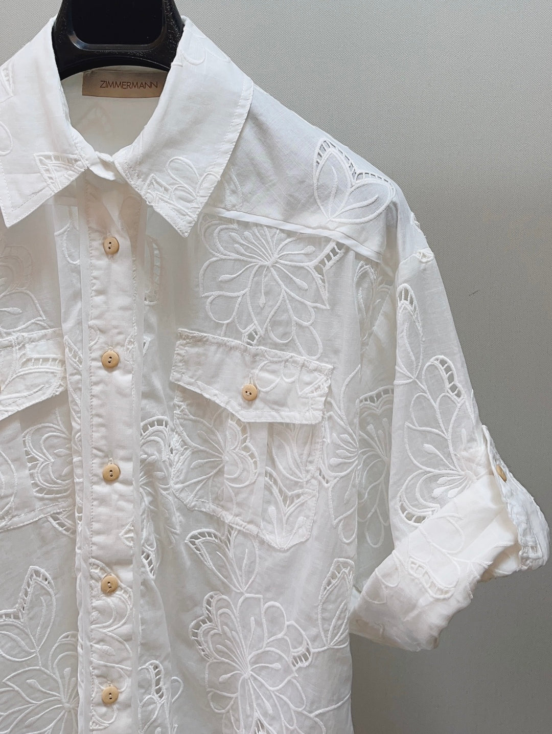 Zimmermann White Embroidered Cotton Shirt with Patch Pockets