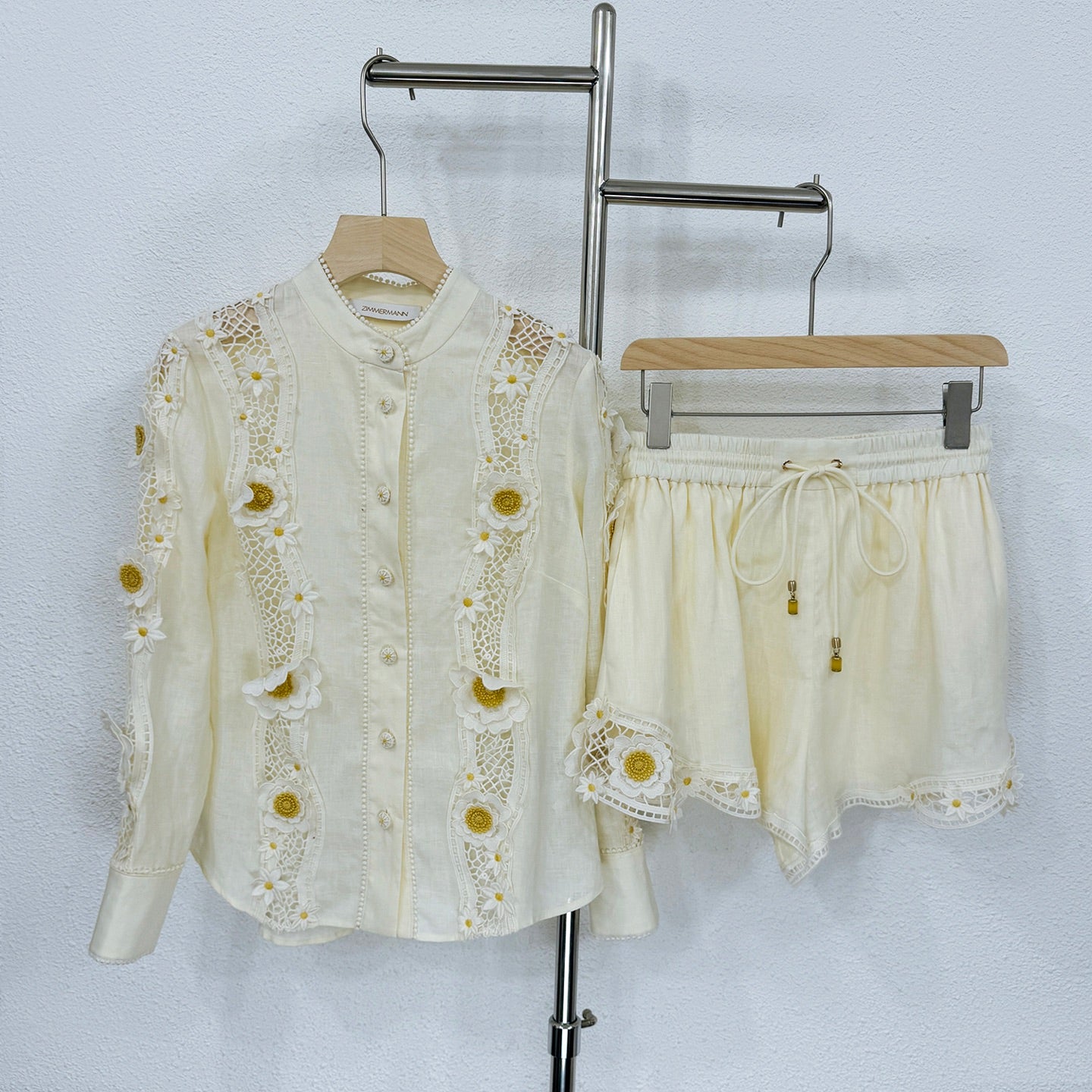 Zimmermann Embroidered Linen Top and Shorts Set with 3D Floral Details
