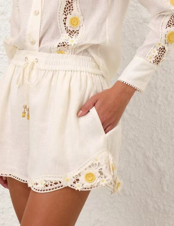 Zimmermann Embroidered Linen Top and Shorts Set with 3D Floral Details