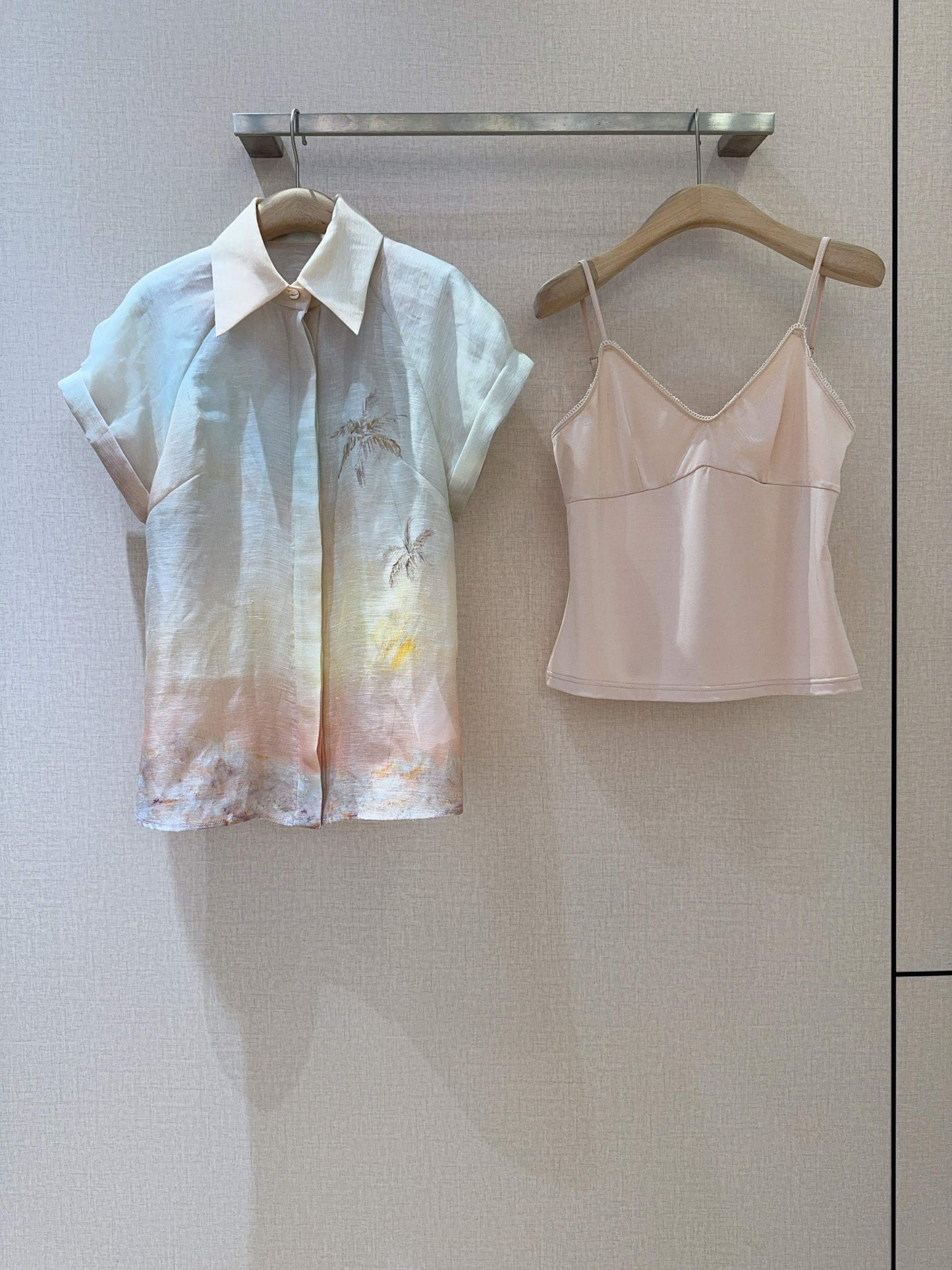 Zimmermann Guava Seascape Linen-Silk Shirt with Shell Button Detail