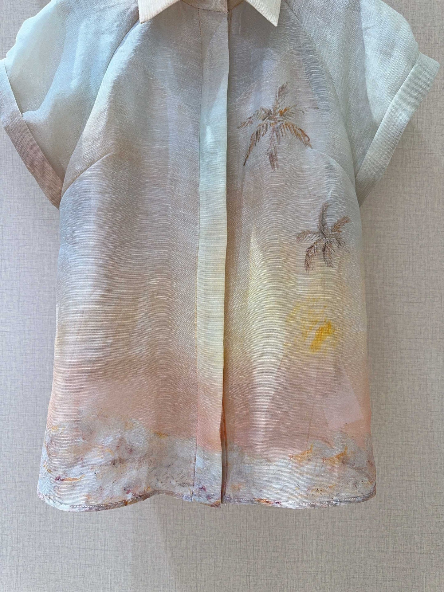 Zimmermann Guava Seascape Linen-Silk Shirt with Shell Button Detail