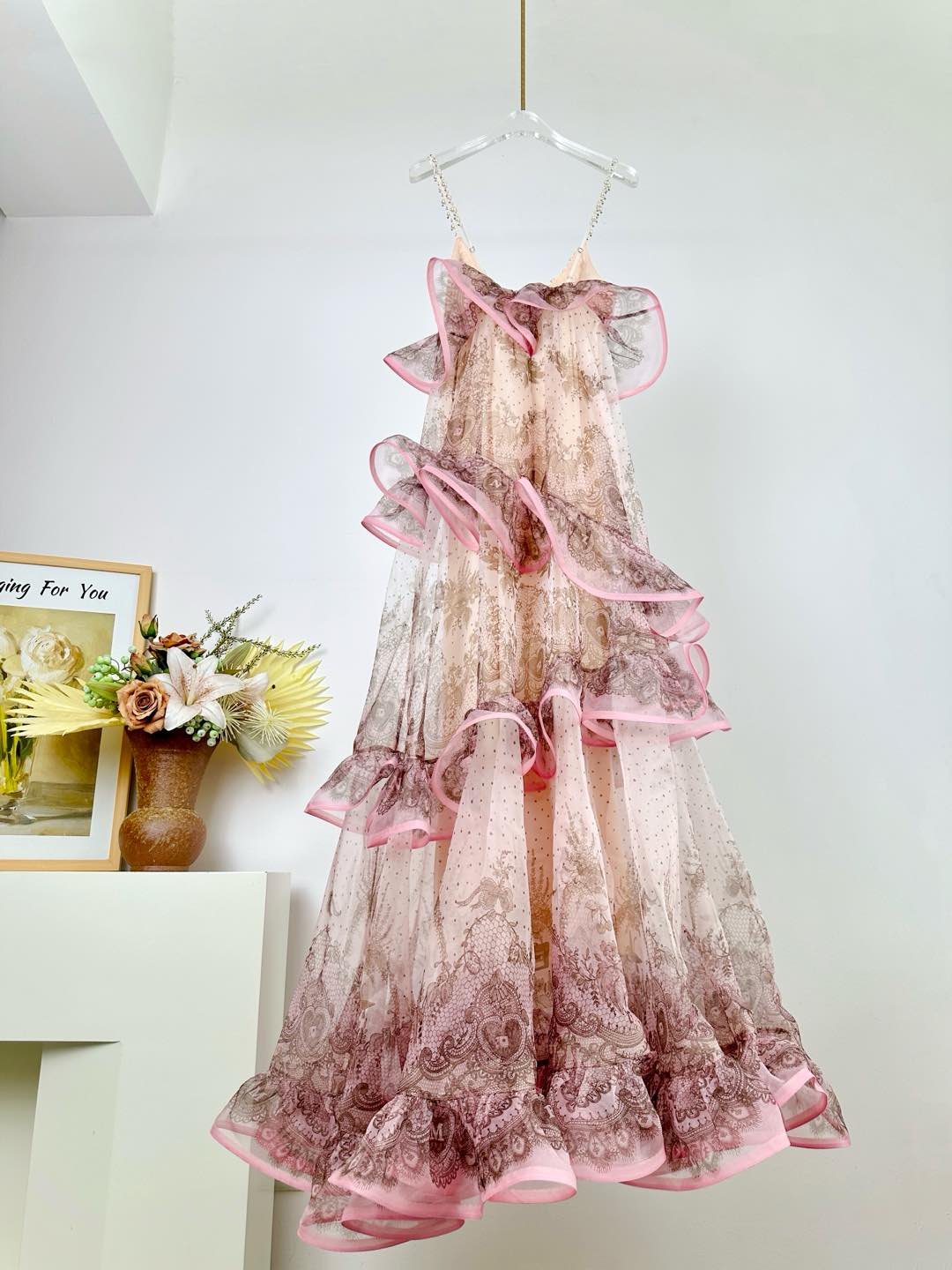 Zimmermann CRUSH Lace Print Tiered Silk Gown with Pearl & Crystal Straps