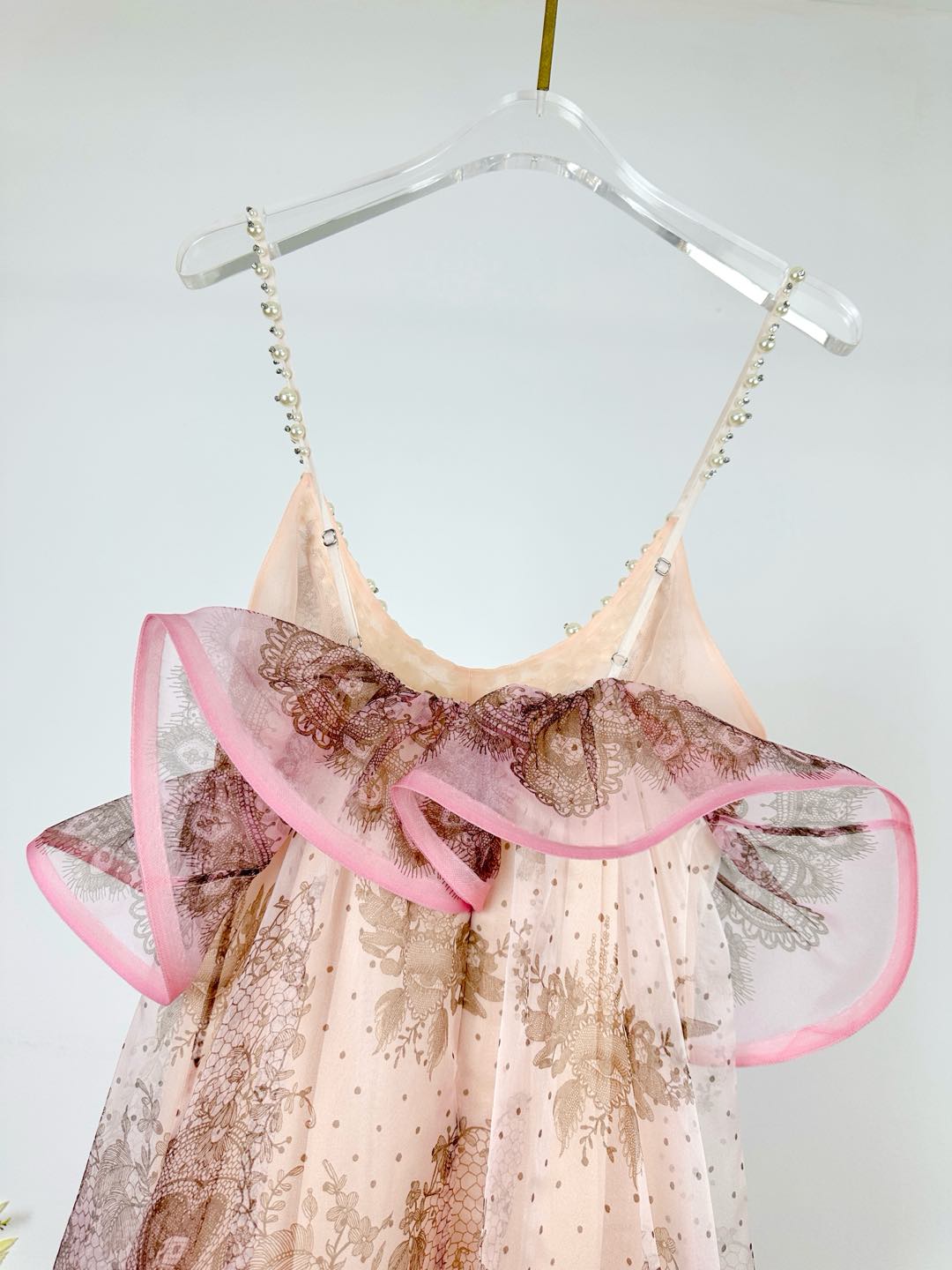 Zimmermann CRUSH Lace Print Tiered Silk Gown with Pearl & Crystal Straps