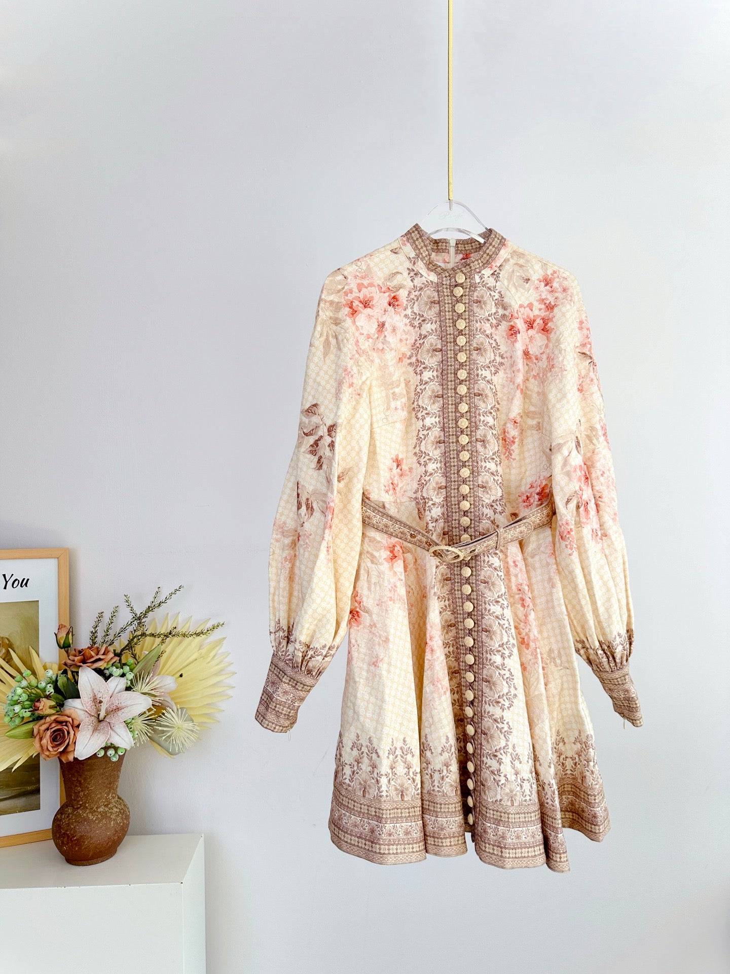 Zimmermann ILLUMINATE Linen Mini Dress with Botanical Print and Belt