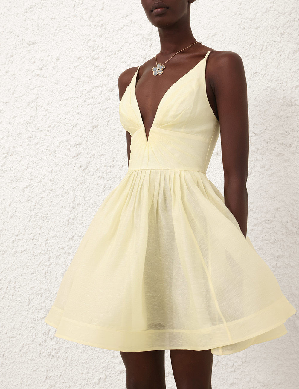 Zimmermann Illuminate V-Neck Linen-Silk Mini Dress with Structured Bodice