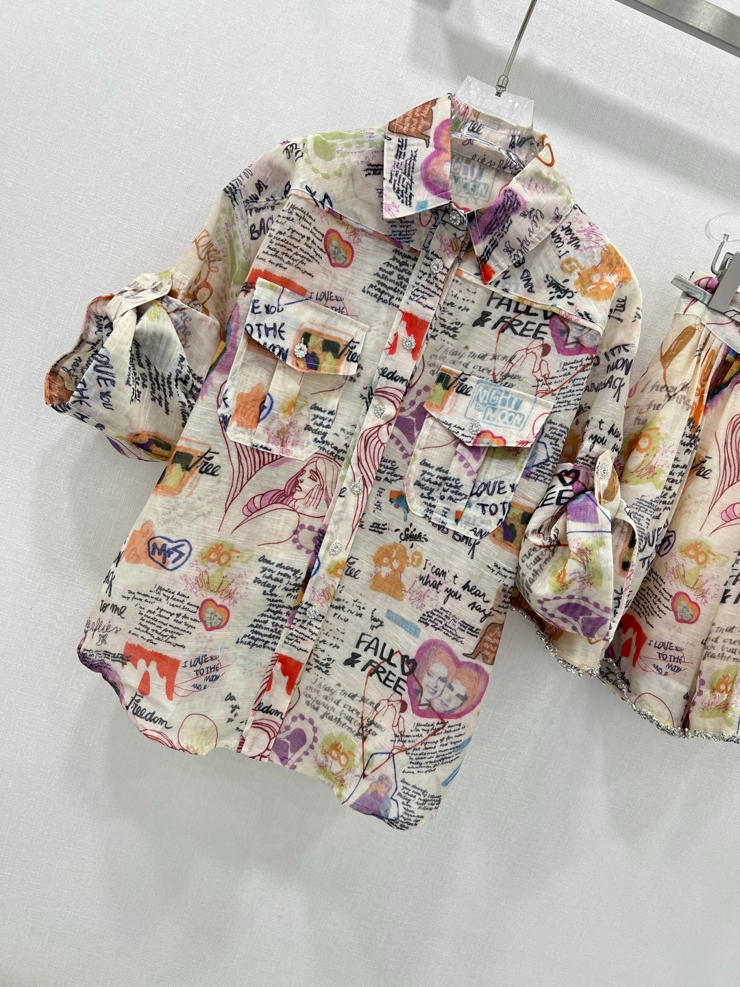 Zimmermann Graffiti Print Cotton Shirt & Embellished Shorts Set