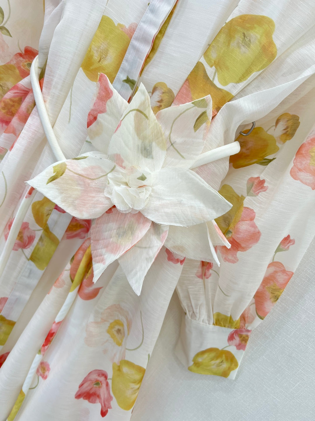 Zimmermann Tulip Print Cotton Maxi Dress with Belt and Lantern Sleeves