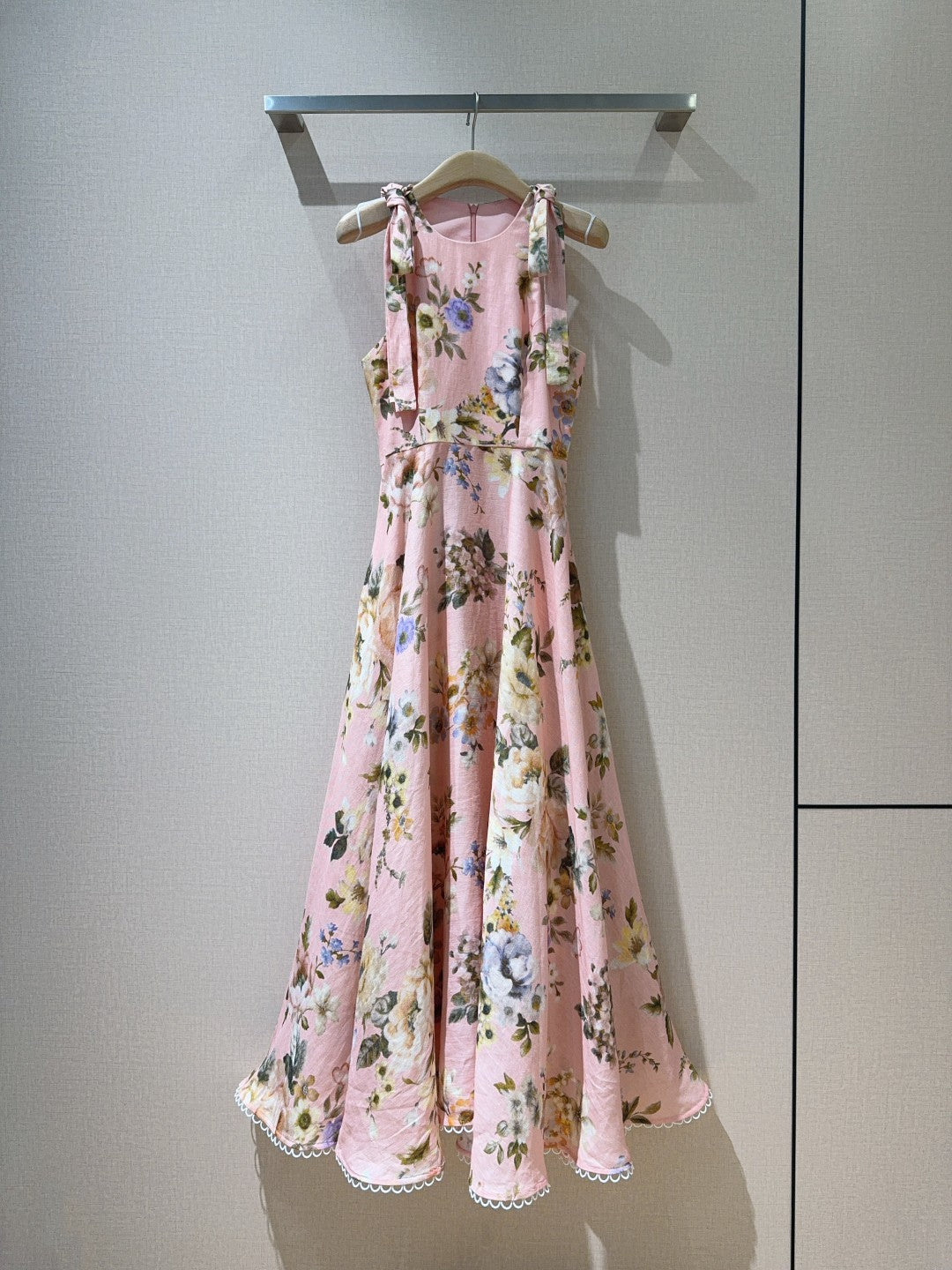 Zimmermann Pink Floral Sleeveless Linen Midi Dress with Shoulder Tie Detail