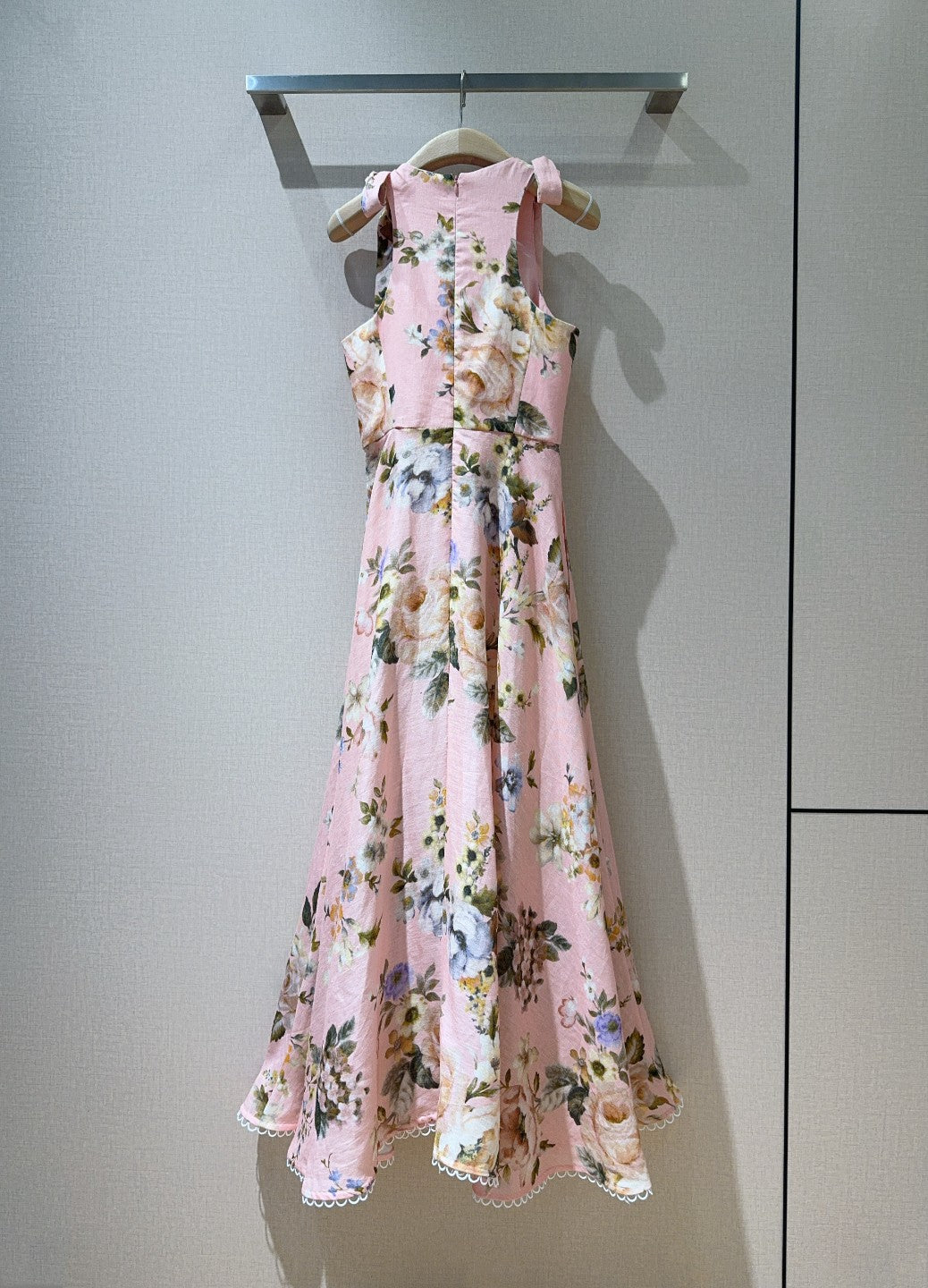 Zimmermann Pink Floral Sleeveless Linen Midi Dress with Shoulder Tie Detail
