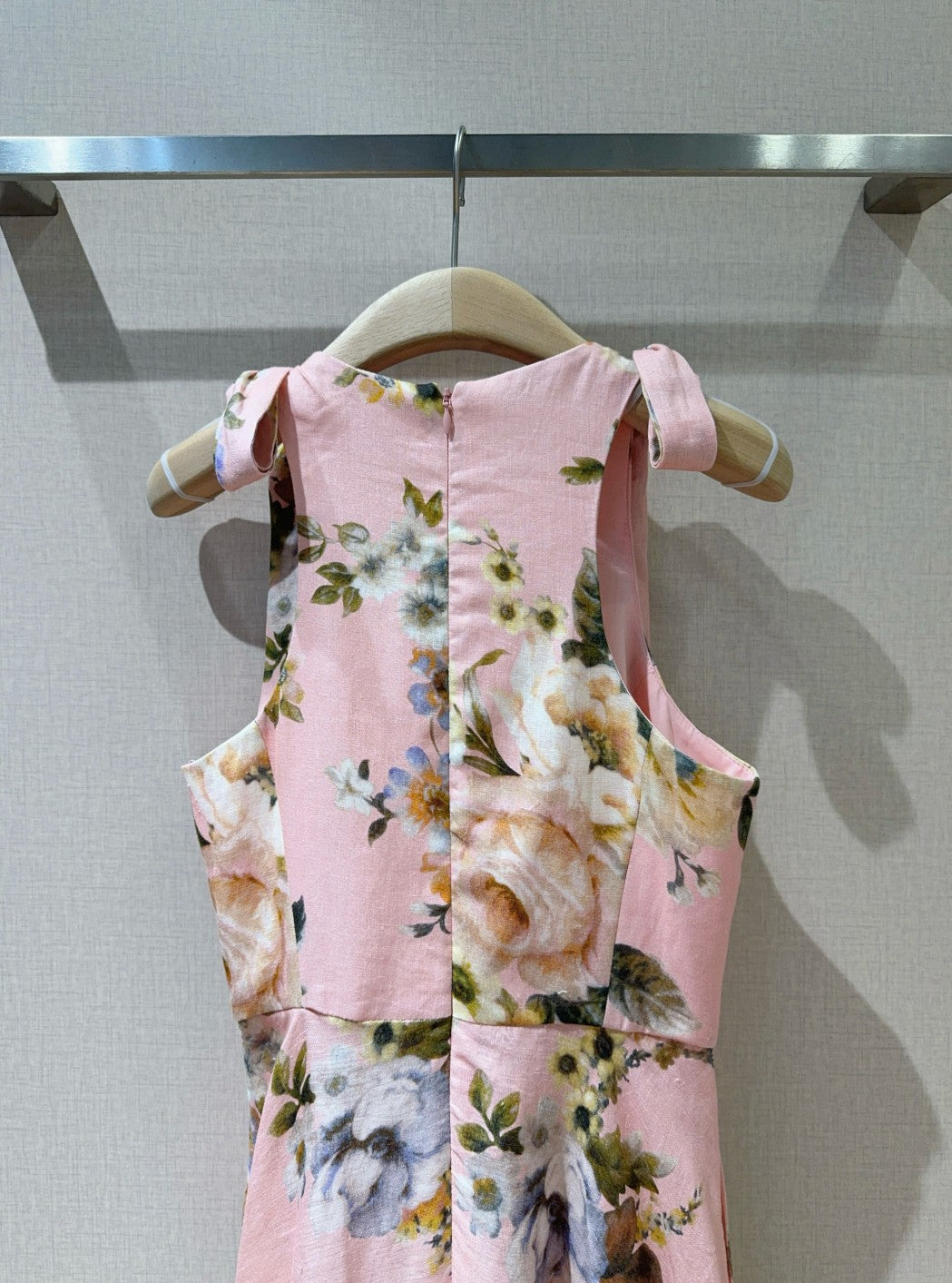 Zimmermann Pink Floral Sleeveless Linen Midi Dress with Shoulder Tie Detail