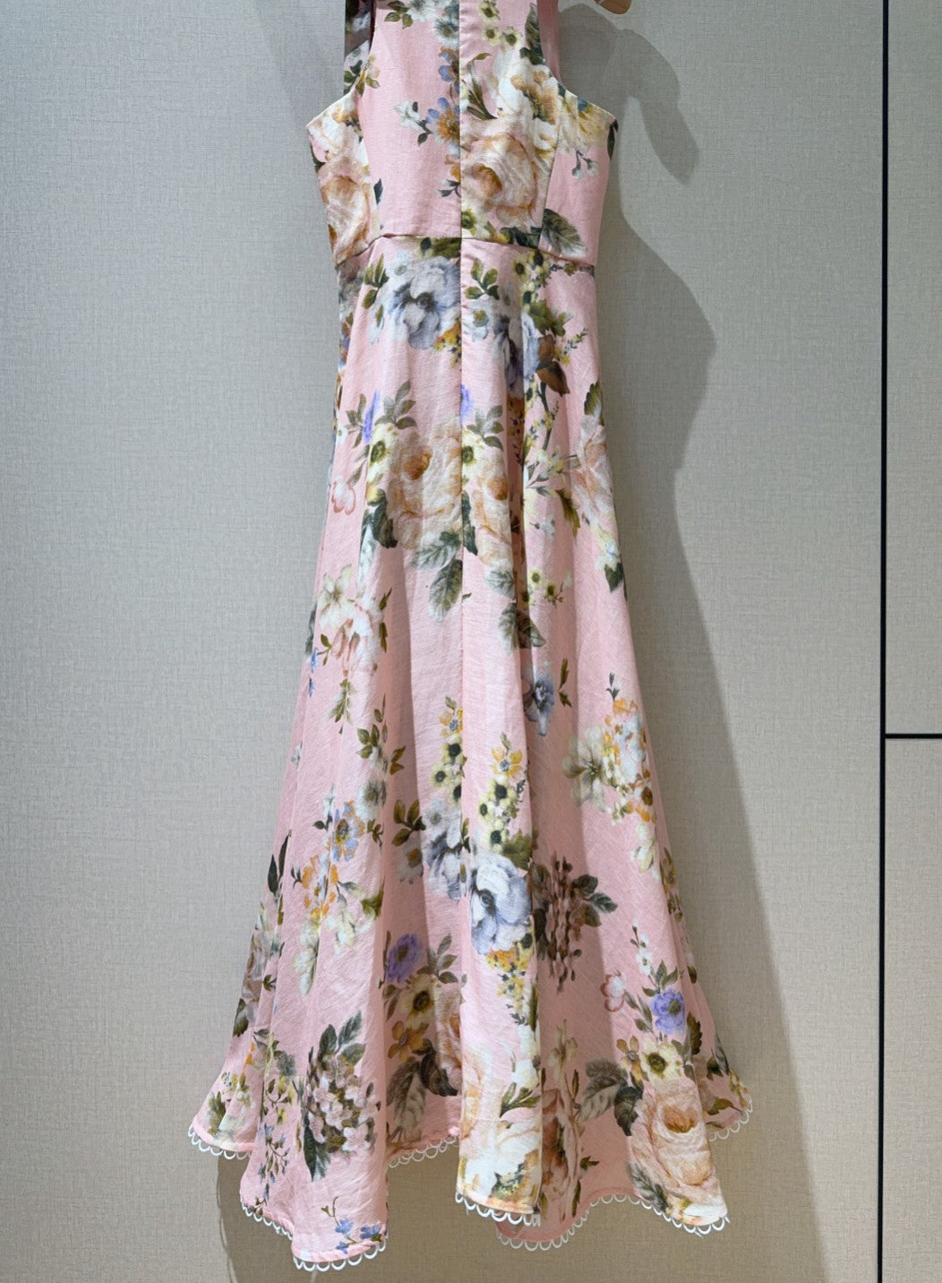 Zimmermann Pink Floral Sleeveless Linen Midi Dress with Shoulder Tie Detail