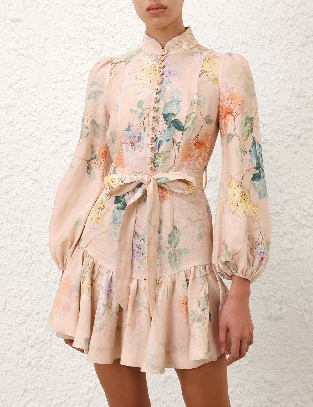 Zimmermann Floral Linen Mini Dress with Puff Sleeves and Waist Tie