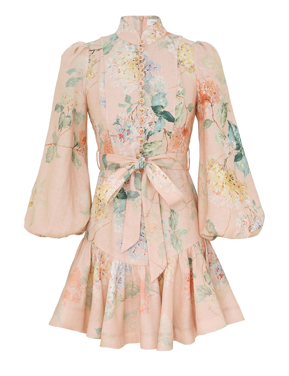 Zimmermann Floral Linen Mini Dress with Puff Sleeves and Waist Tie