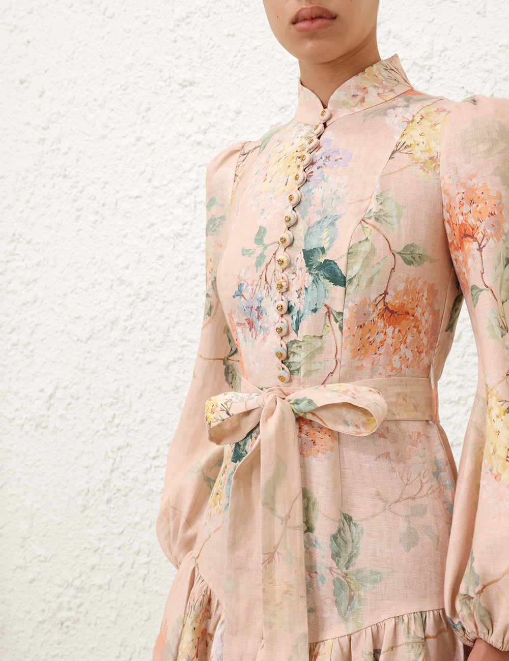 Zimmermann Floral Linen Mini Dress with Puff Sleeves and Waist Tie