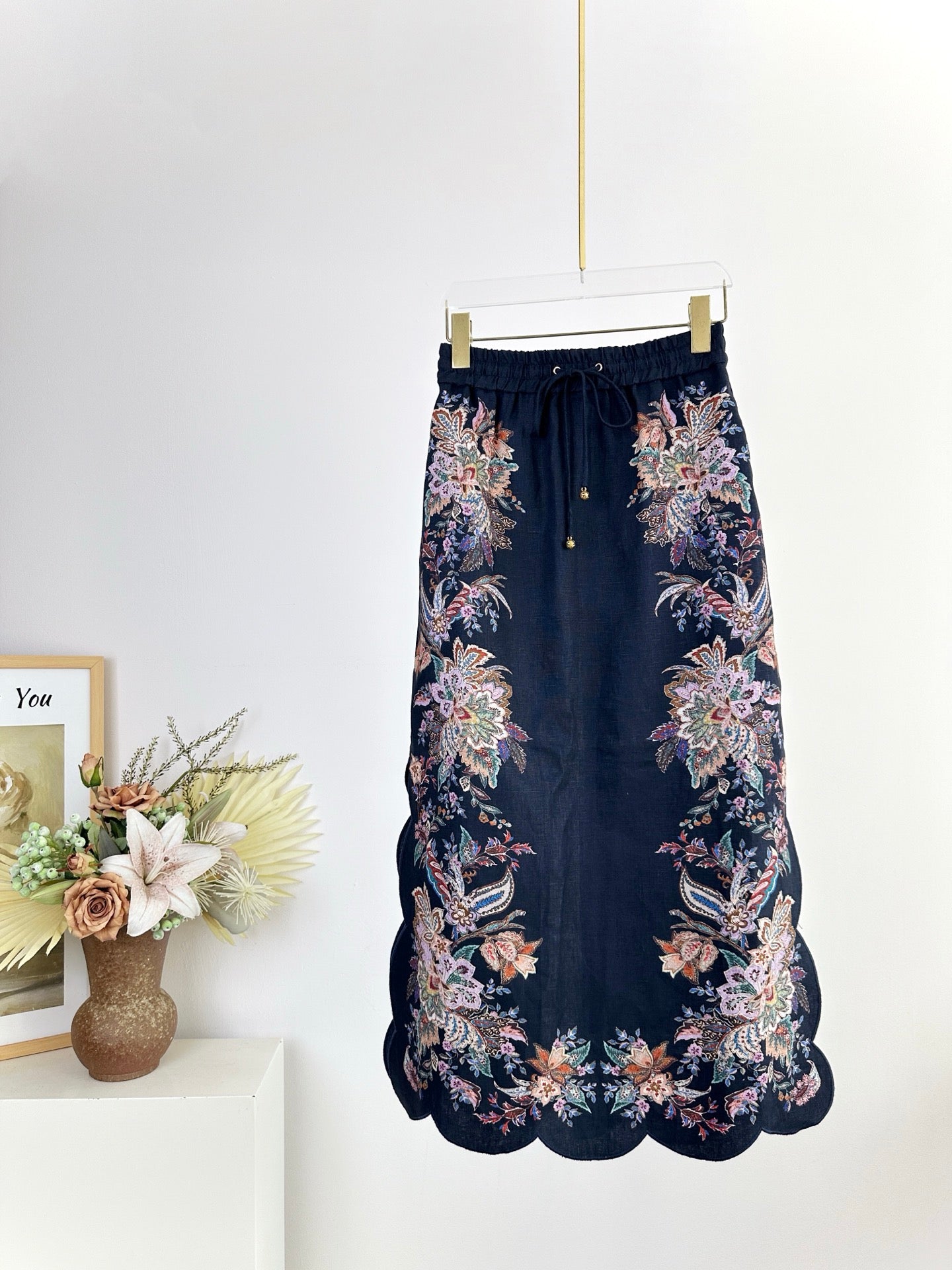 Zimmermann Rhiannon Embroidered Linen Midi Skirt with Scalloped Hem