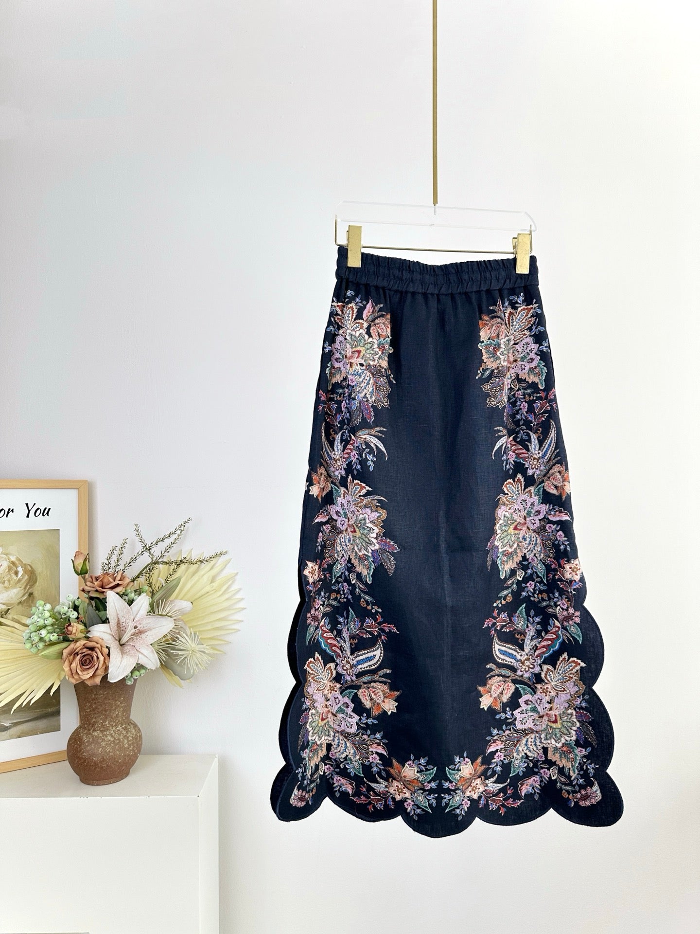 Zimmermann Rhiannon Embroidered Linen Midi Skirt with Scalloped Hem