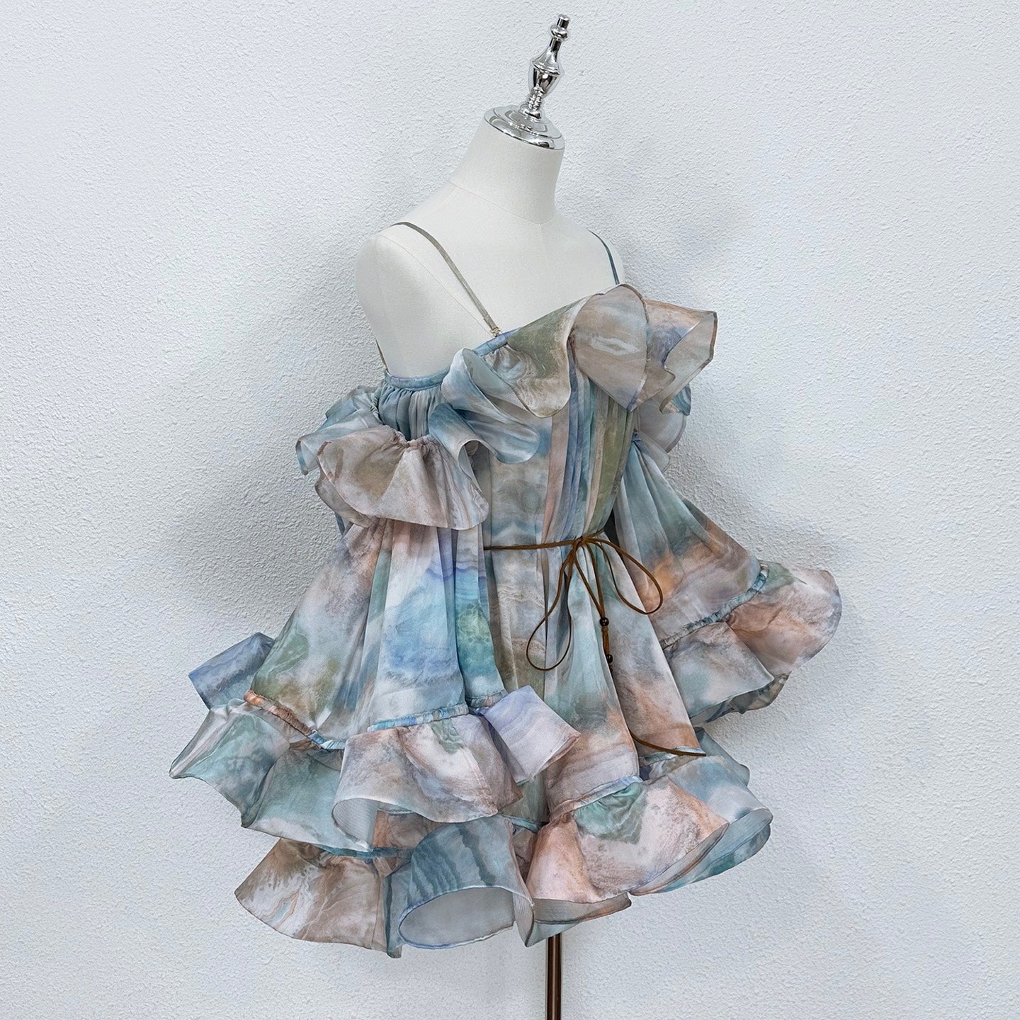 Zimmermann Silk Ruffle Mini Dress with Off-Shoulder Sleeves