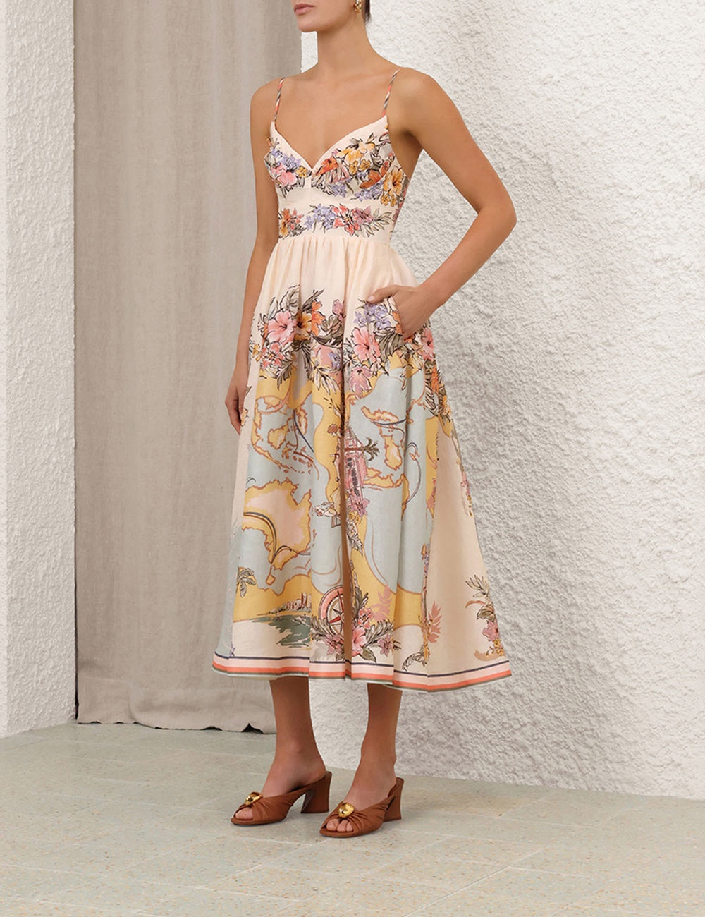 Zimmermann Tallow Map Print Midi Dress with Shirred Hem