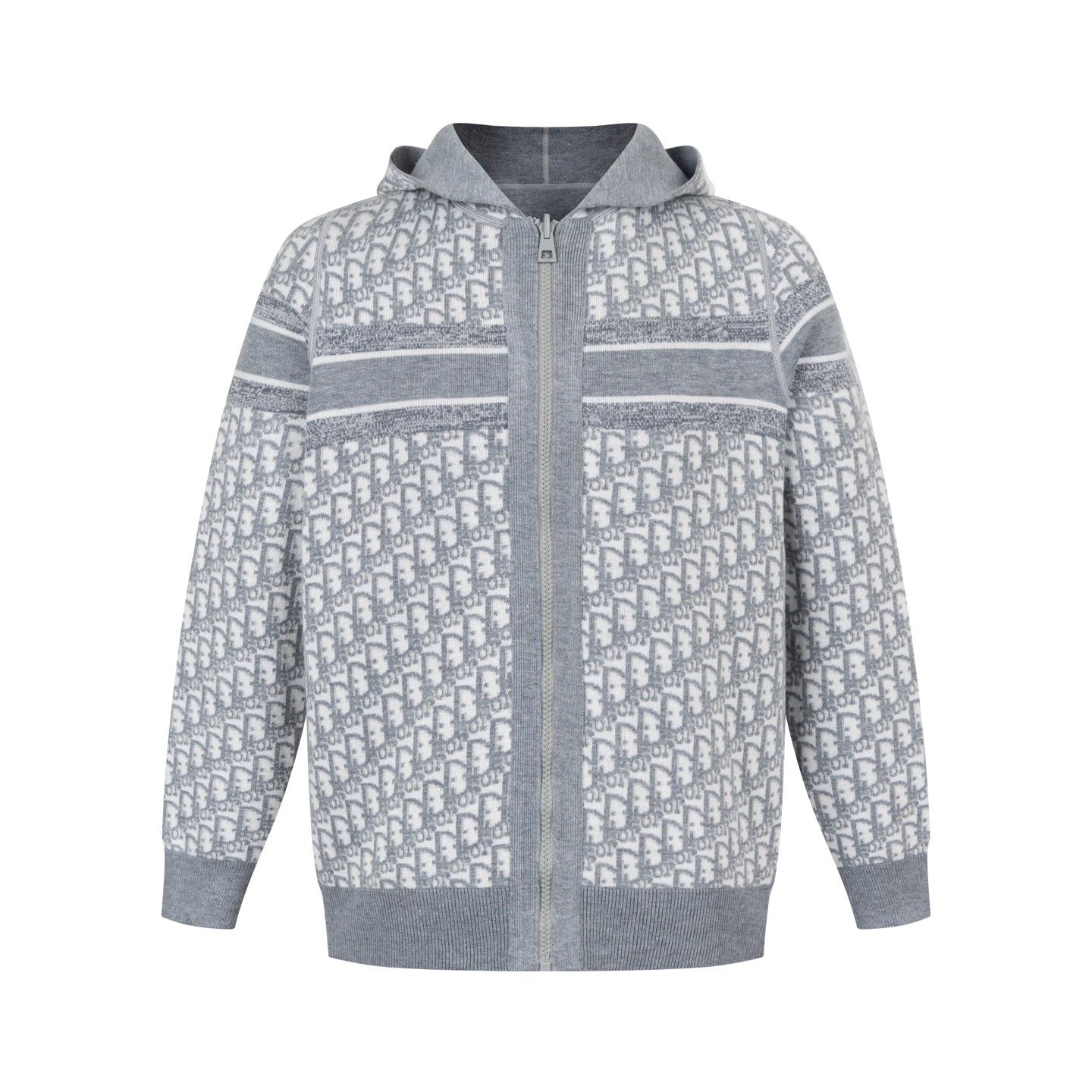 Christian Dior Reversible Jacquard Cashmere Knit Hooded Jacket in Grey